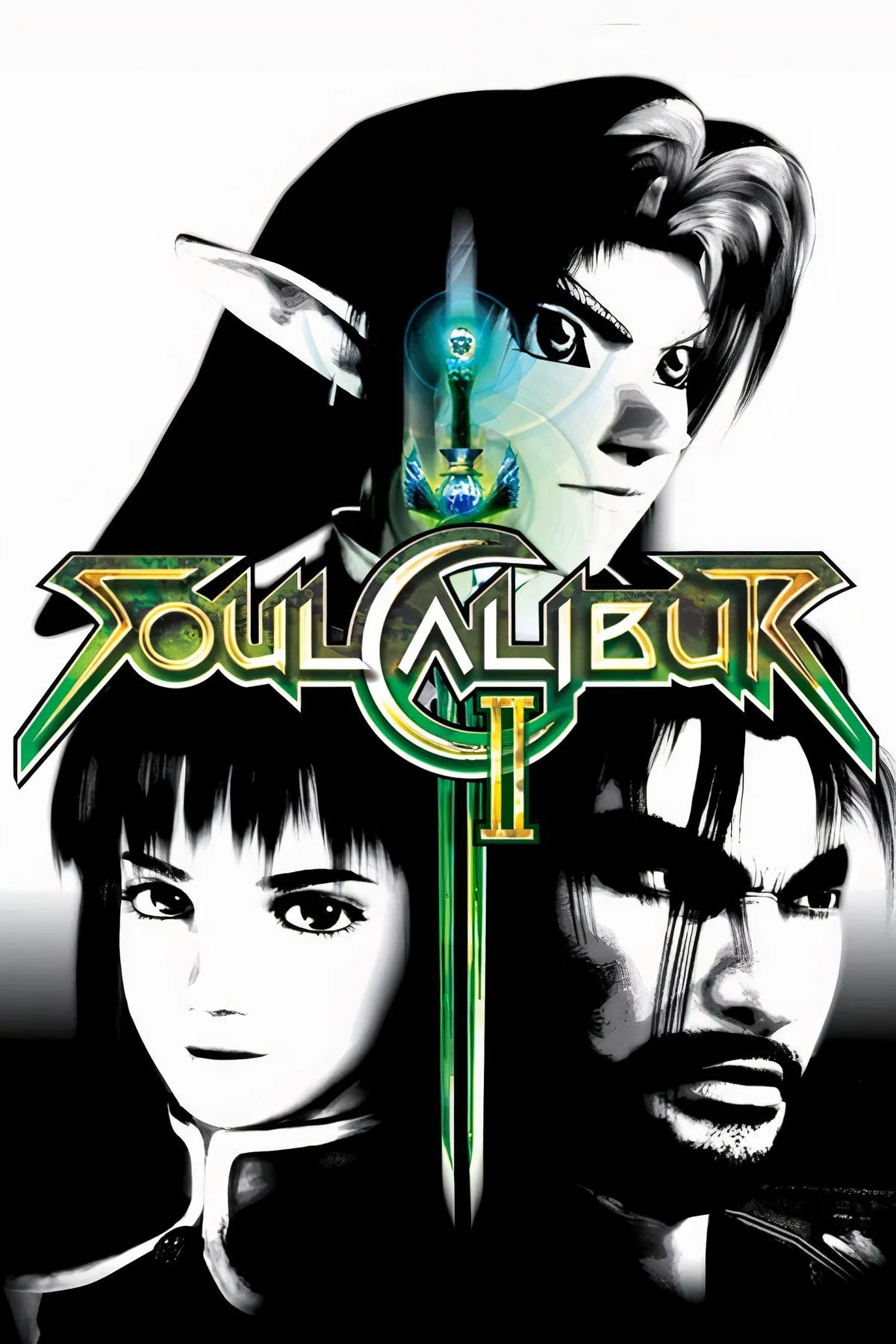 Ảnh cắt ghép hiển thị logo và cảnh chiến đấu trong game SoulCalibur II.