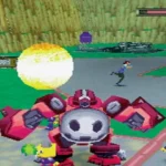 Ảnh chụp màn hình gameplay game The Misadventures of Tron Bonne trên PlayStation 1, cho thấy nhân vật Tron Bonne điều khiển robot chiến đấu