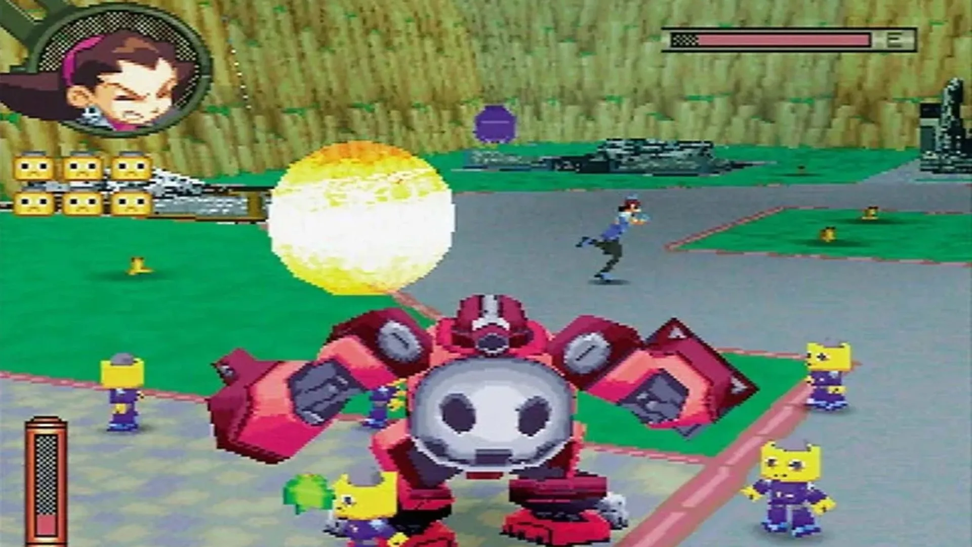 Ảnh chụp màn hình gameplay game The Misadventures of Tron Bonne trên PlayStation 1, cho thấy nhân vật Tron Bonne điều khiển robot chiến đấu
