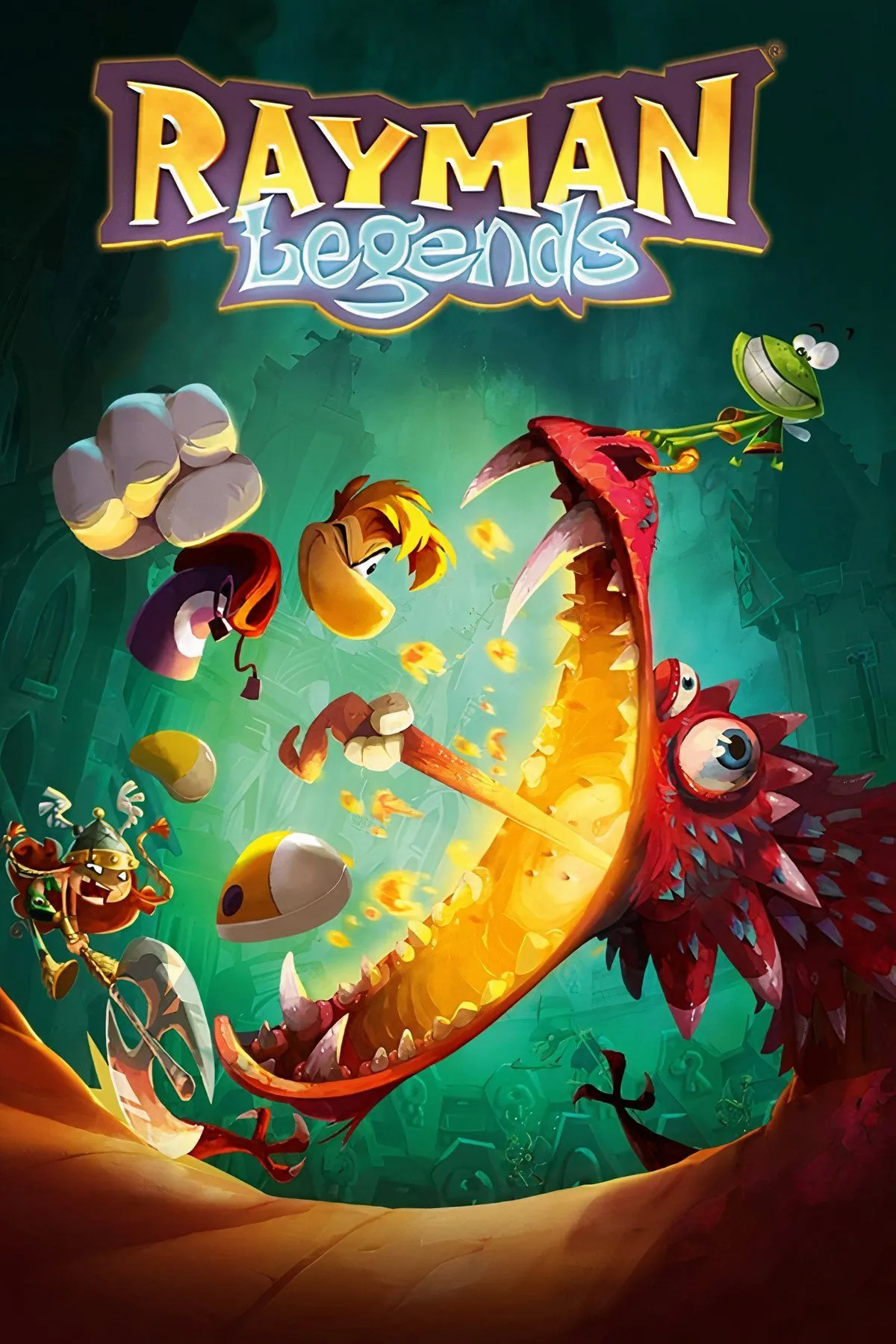 Ảnh ghép các nhân vật và cảnh chơi game Rayman Legends, nổi tiếng với chế độ co-op địa phương