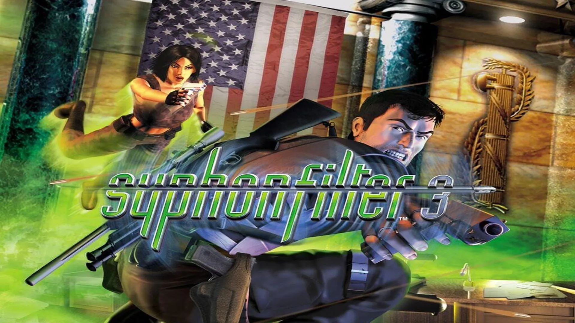 Bìa hộp phiên bản gốc của game Syphon Filter 3 trên PS1, được phát hành trước sự kiện 11/9/2001
