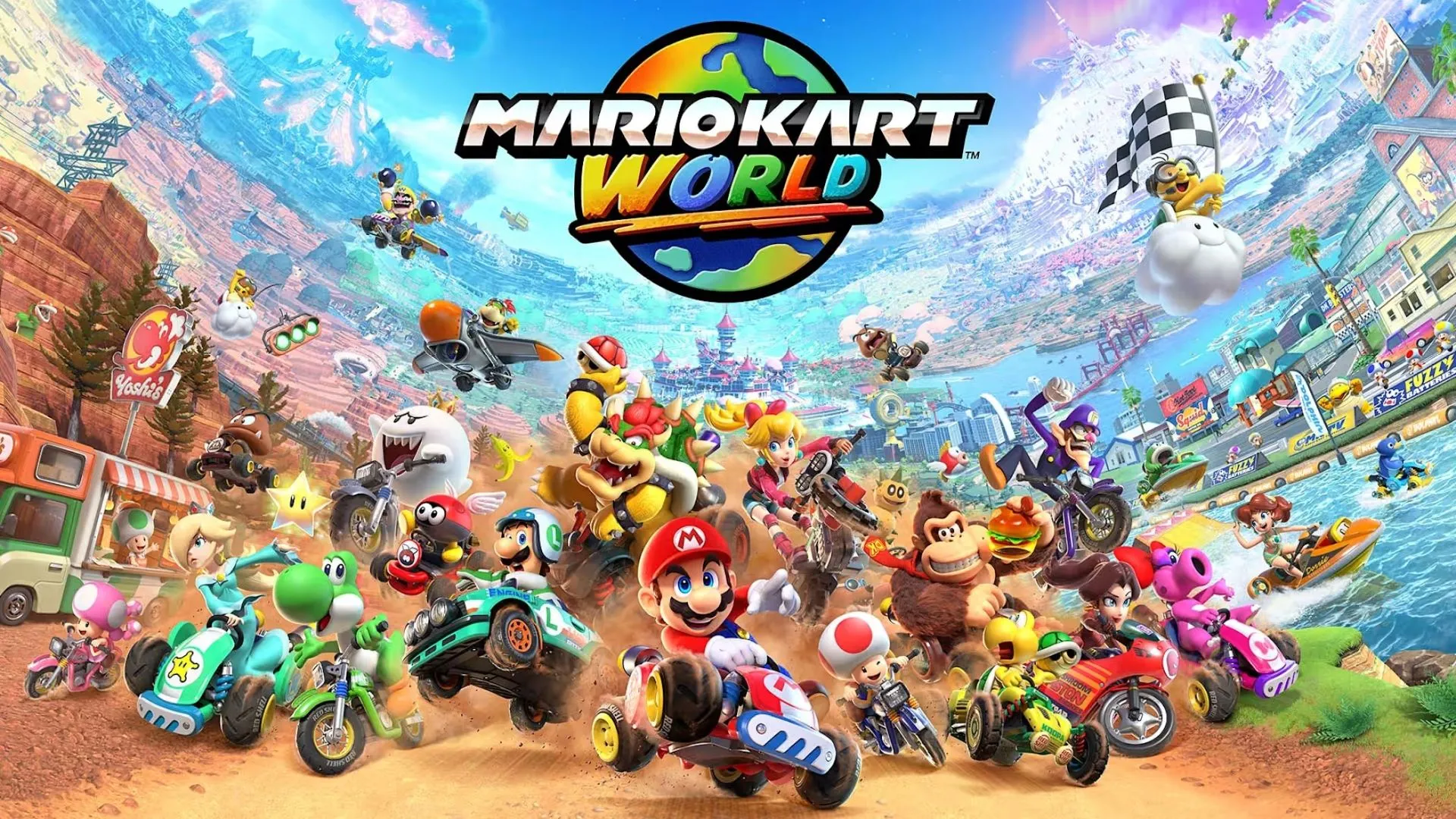Cảnh đua xe trong game Mario Kart World với các nhân vật và vật phẩm đặc trưng.