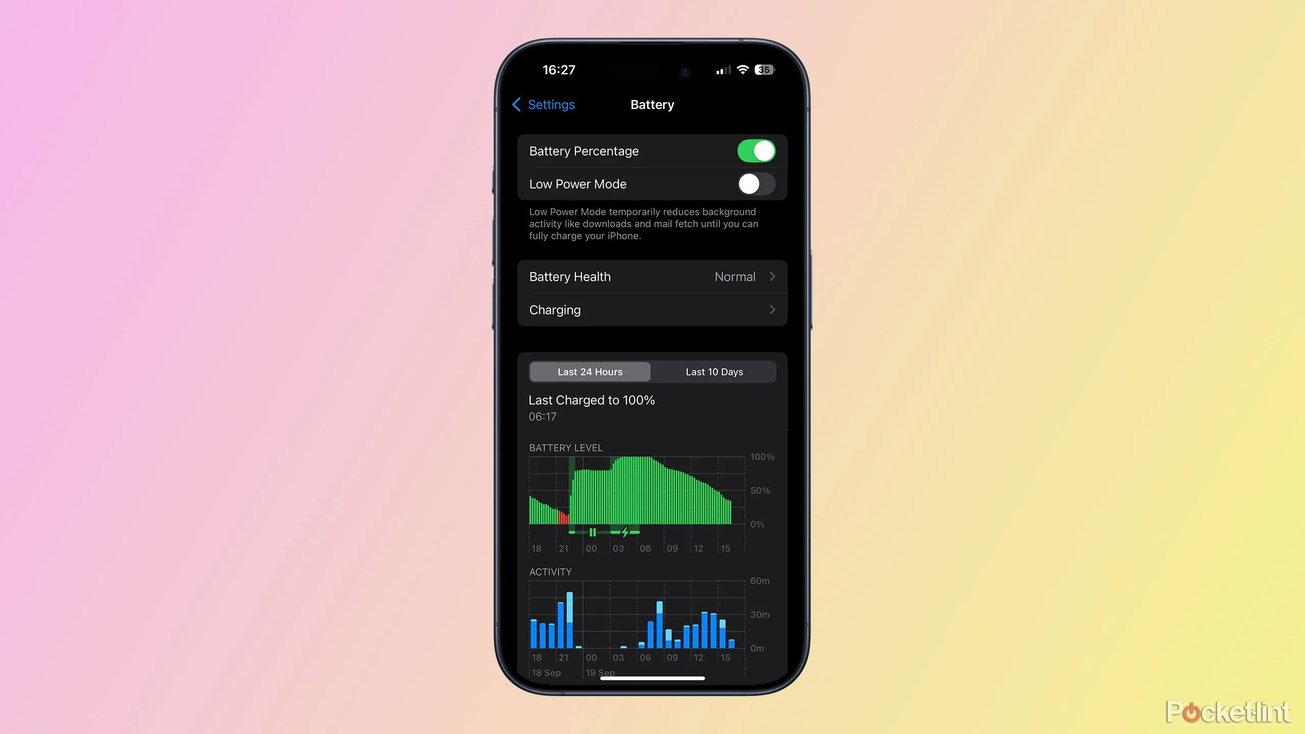 Giao diện cài đặt Pin trên iOS 18, hiển thị tính năng Sạc pin được tối ưu hóa