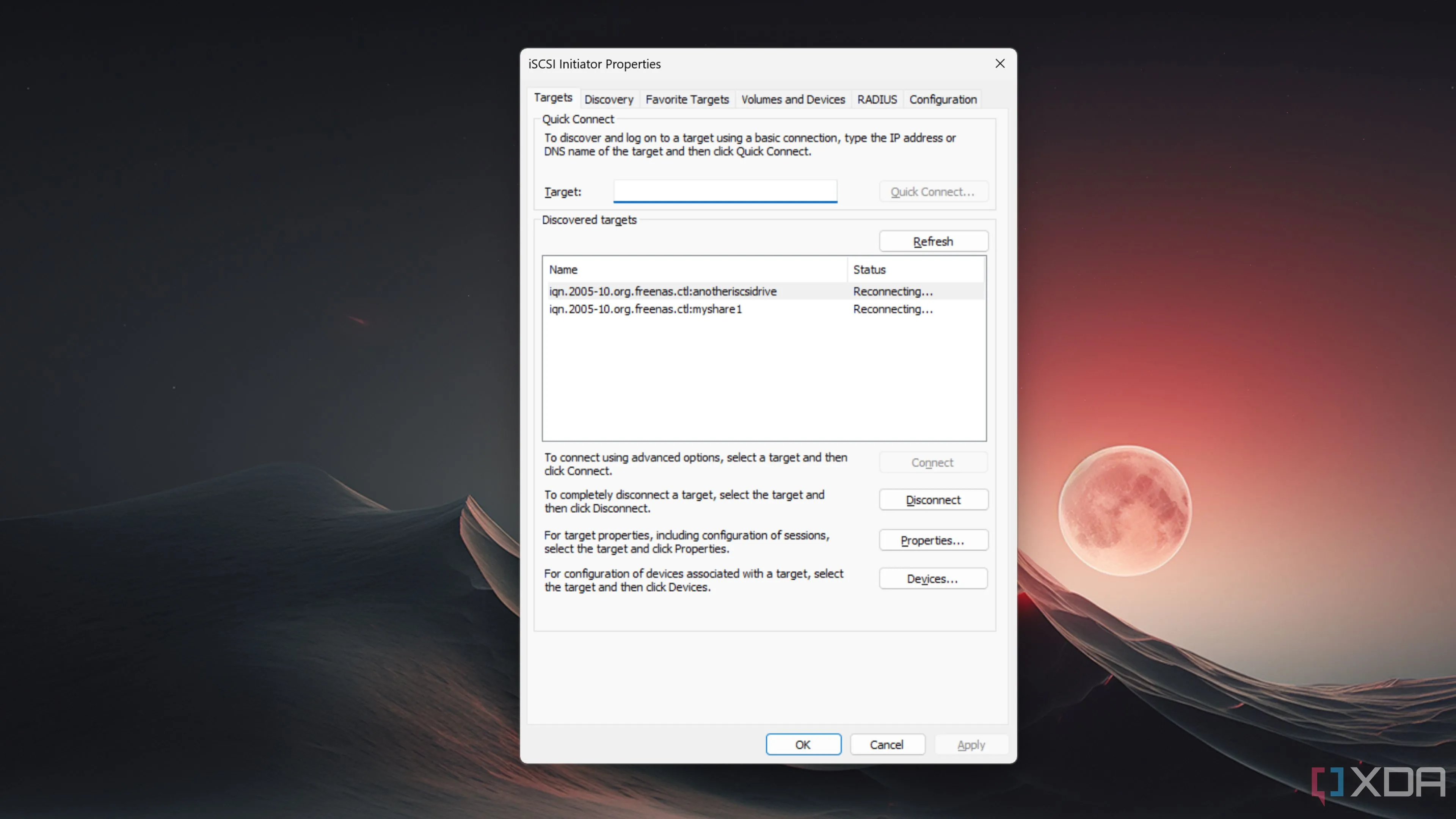 Giao diện công cụ iSCSI Initiator trên Windows 11 để kết nối và khởi tạo ổ đĩa iSCSI