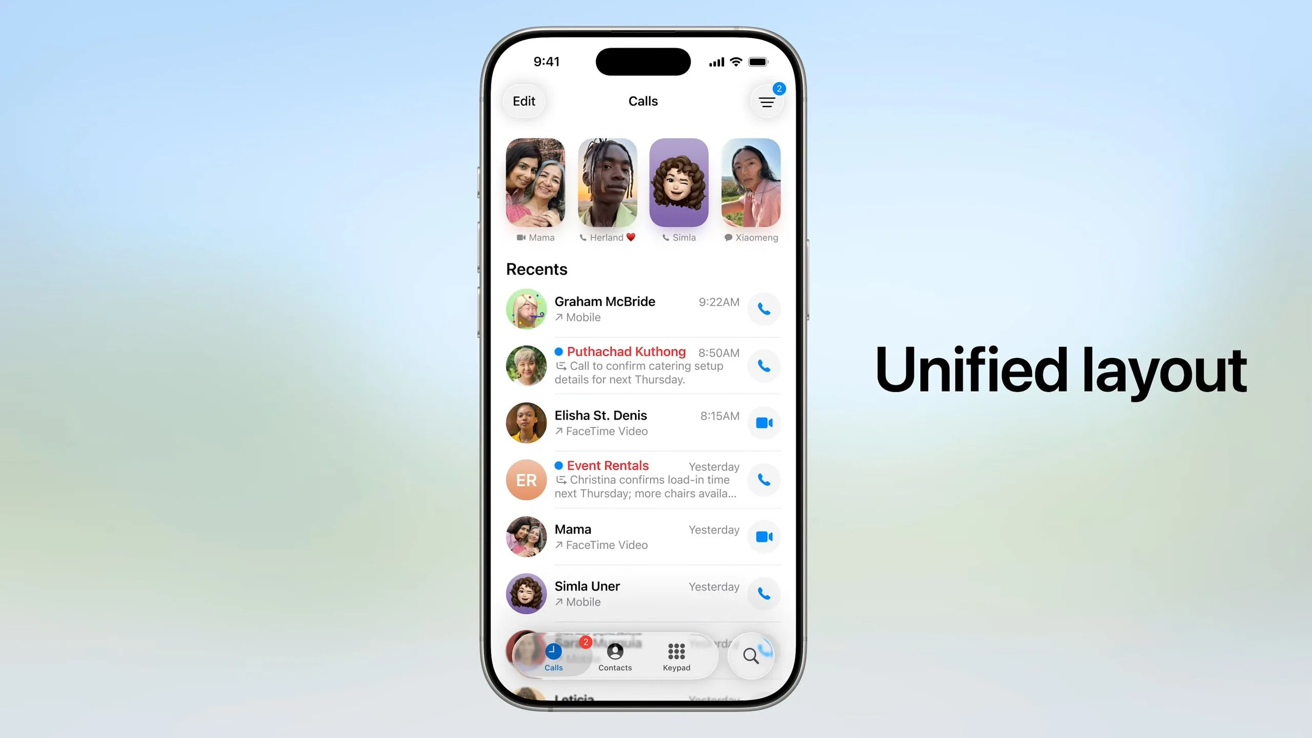Giao diện mới của ứng dụng Điện thoại trên iOS 26 với danh bạ ghim