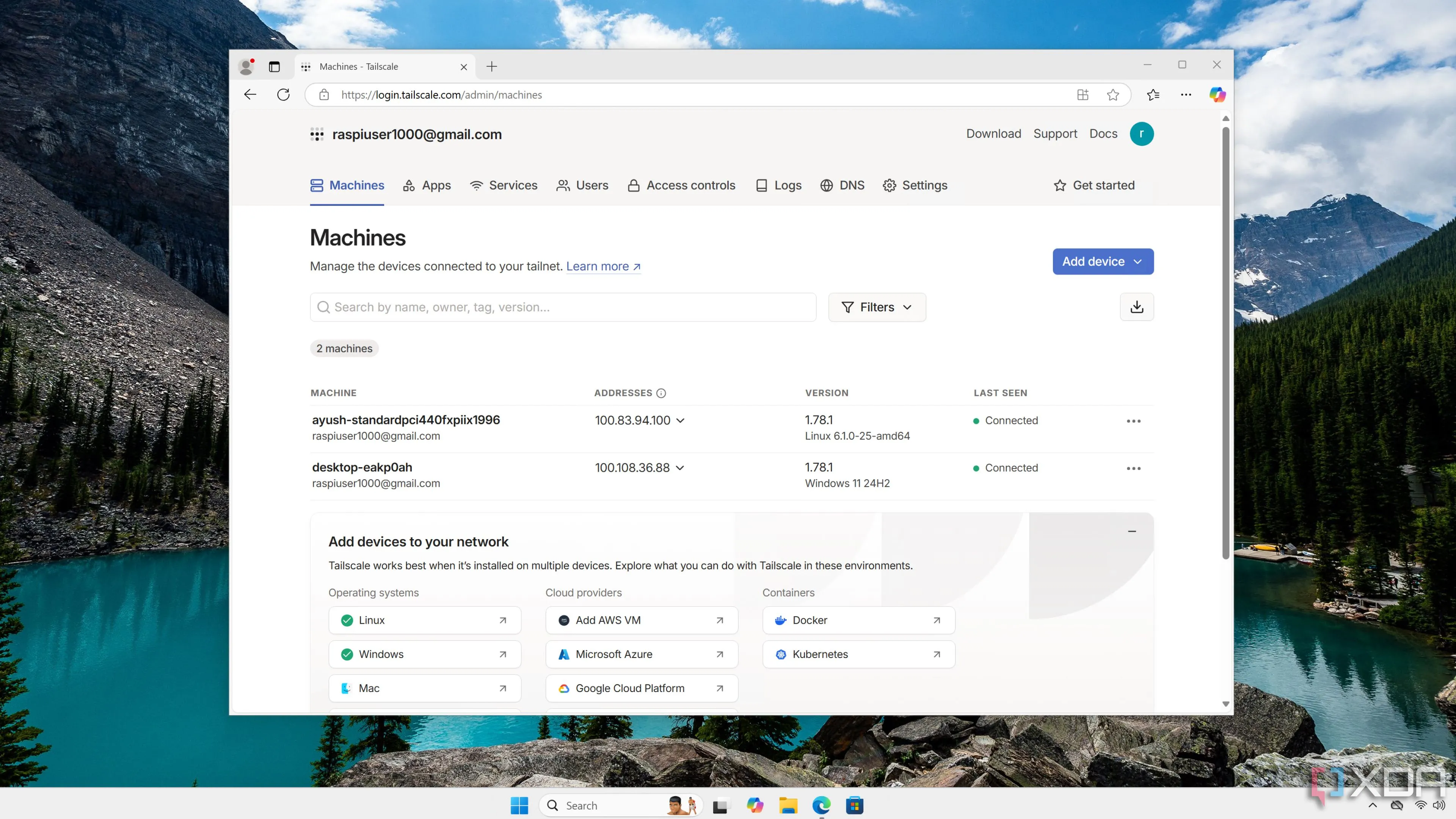 Giao diện web của Tailscale, nơi quản lý các thiết bị và cấu hình mạng ảo