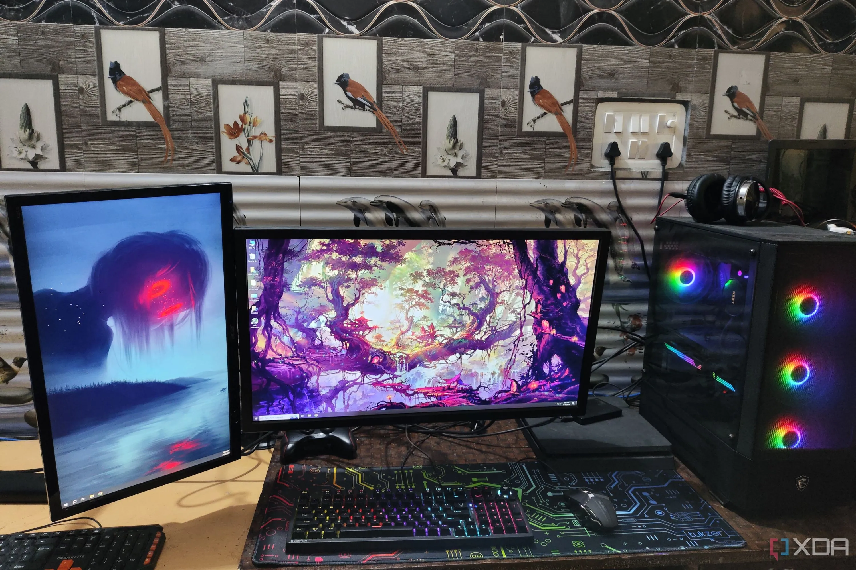 Góc làm việc với setup hai màn hình, minh họa môi trường máy tính cá nhân.