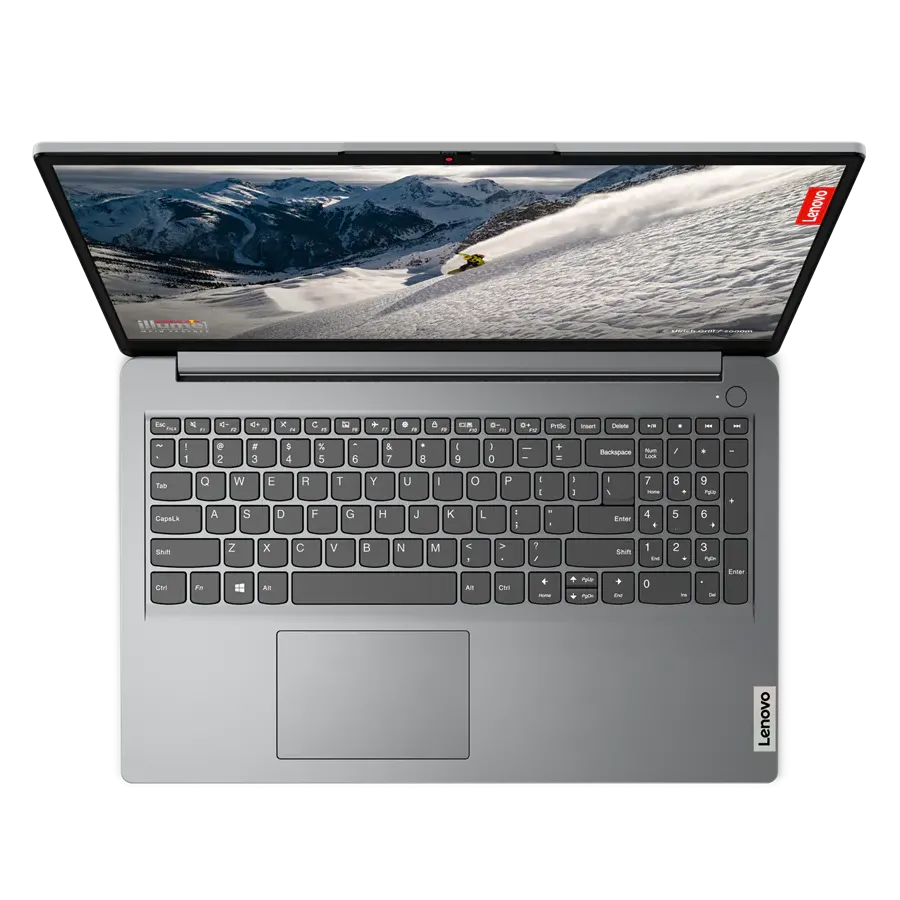Góc nhìn từ trên xuống của laptop Lenovo IdeaPad 1 màu Storm Grey mở nắp 100 độ