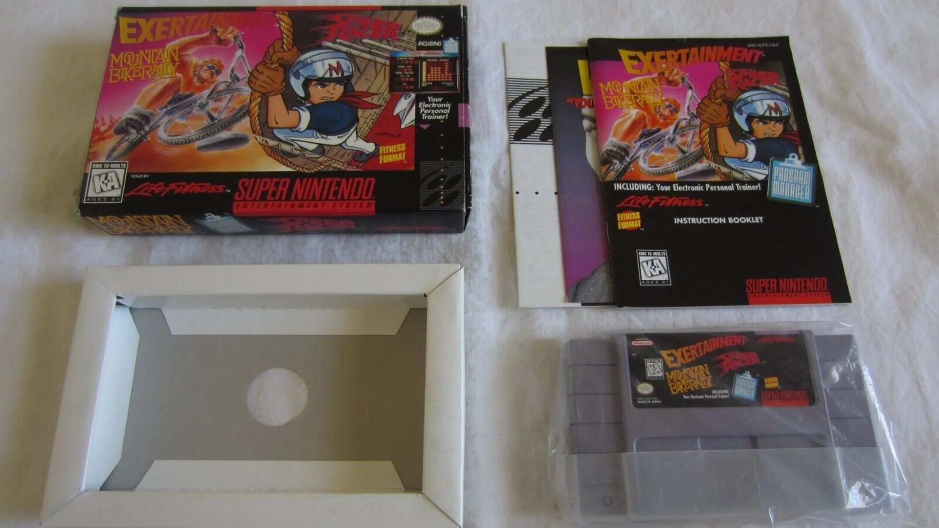Hình ảnh hộp đĩa game Super Nintendo Exertainment Mountain Bike Rally Speed Racer, một trong những game SNES hiếm nhất.