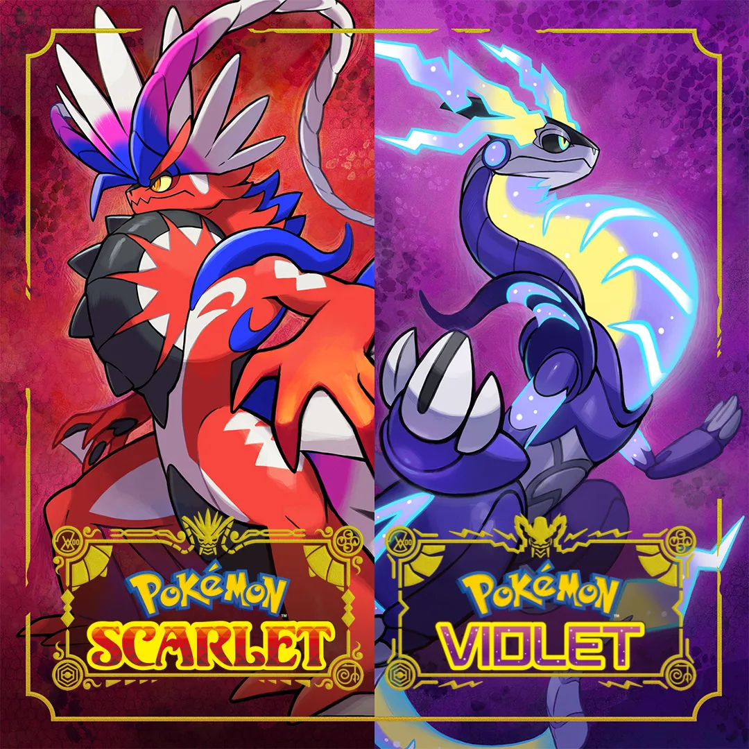 Hình ảnh sản phẩm game Pokémon Scarlet và Violet với hai Pokémon huyền thoại Koraidon và Miraidon.