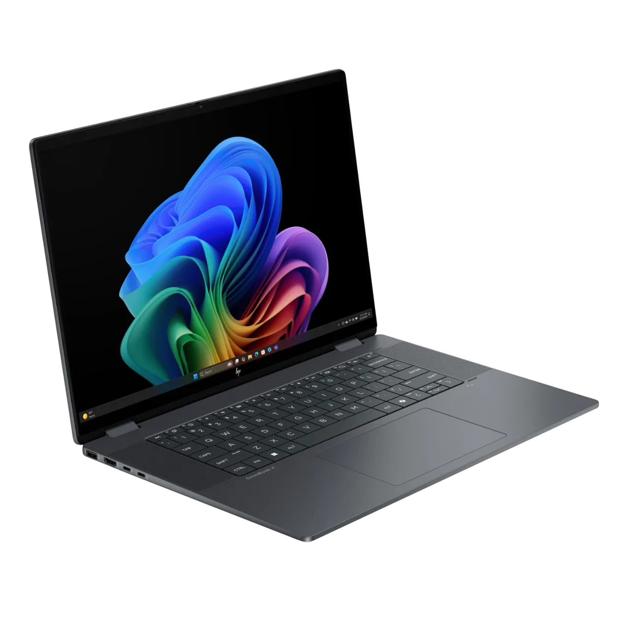Laptop HP OmniBook X Flip 2-in-1 với màn hình cảm ứng, minh họa thiết kế gập mở tiện lợi