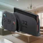 Máy chơi game Nintendo Switch 2 đặt trong dock kèm tay cầm Joy-Con 2, thể hiện thiết kế mới của máy.