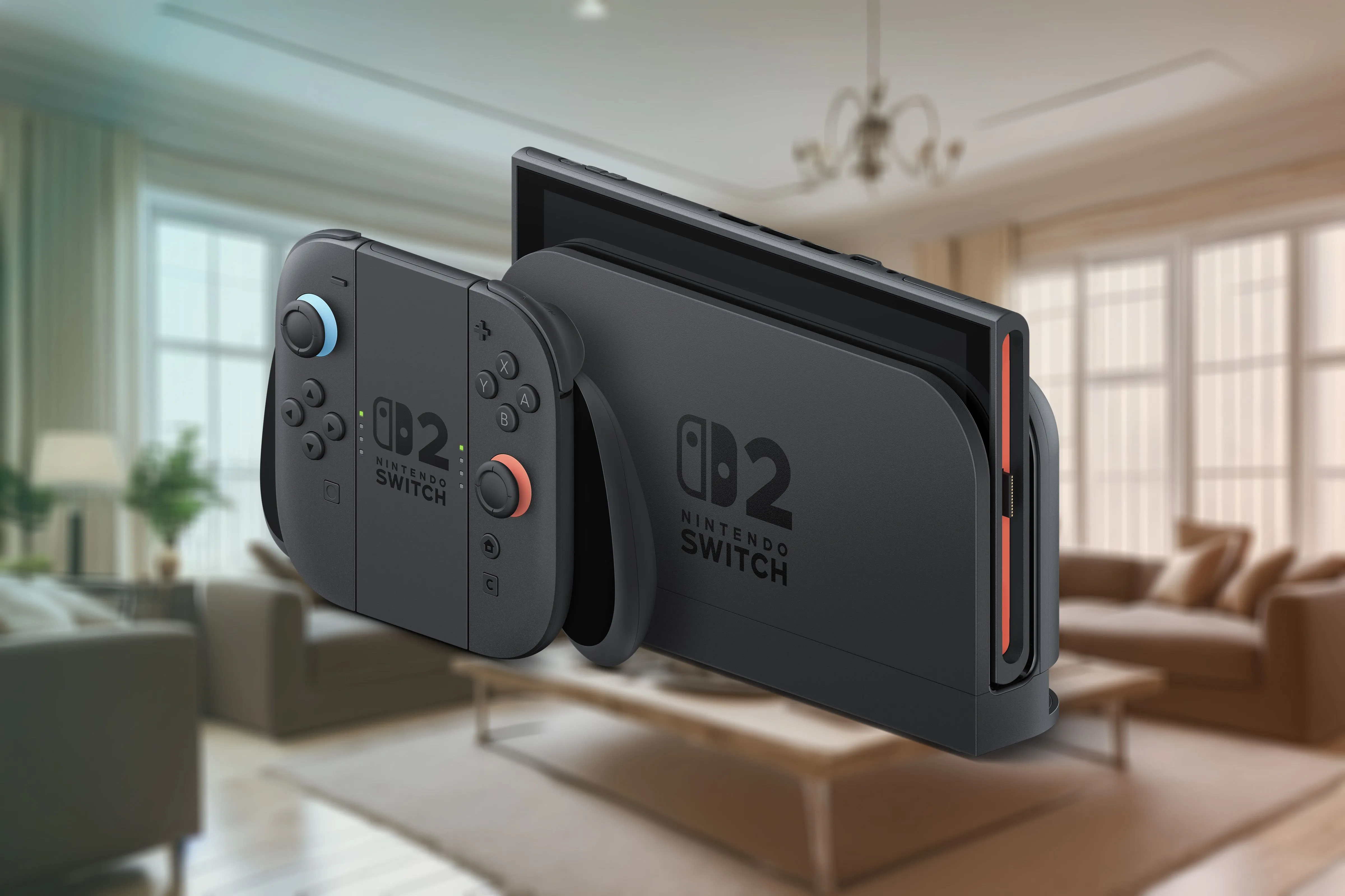 Máy chơi game Nintendo Switch 2 đặt trong dock kèm tay cầm Joy-Con 2, thể hiện thiết kế mới của máy.