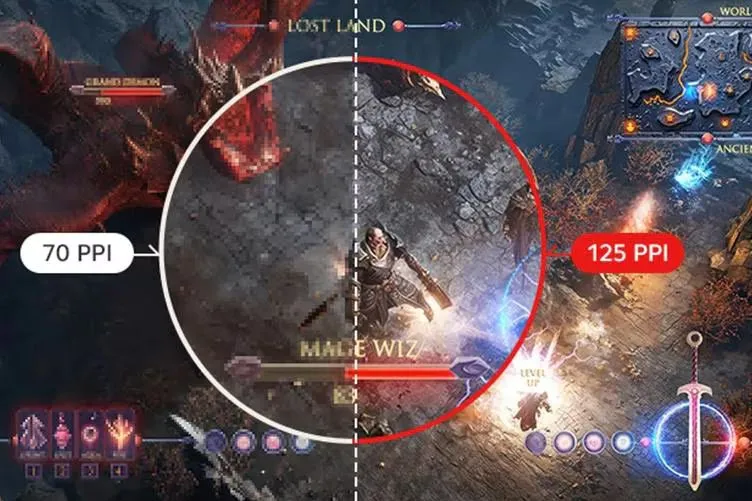 So sánh độ sắc nét văn bản trên màn hình LG 5K2K OLED ở các mật độ điểm ảnh khác nhau