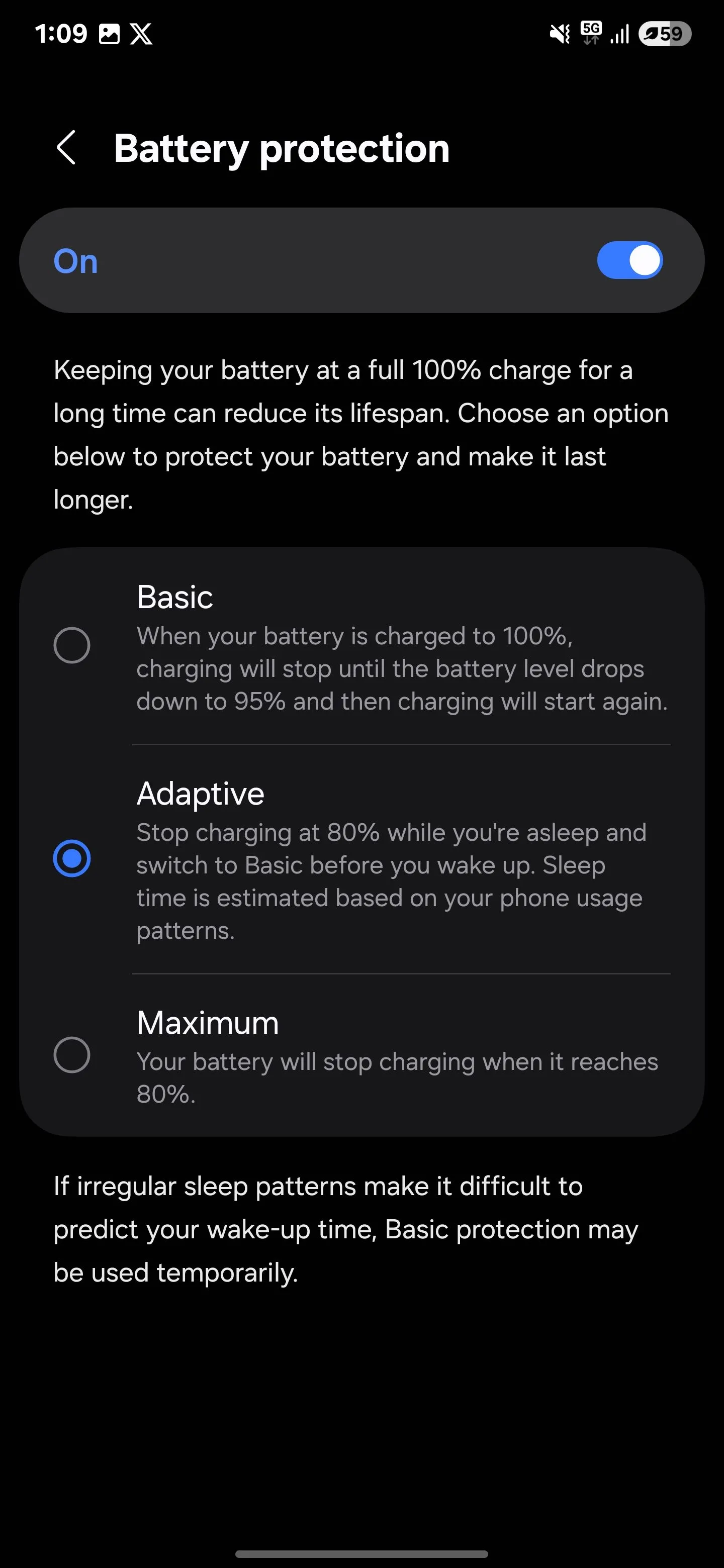 Bảo vệ pin được đặt thành chế độ thích ứng trên Samsung