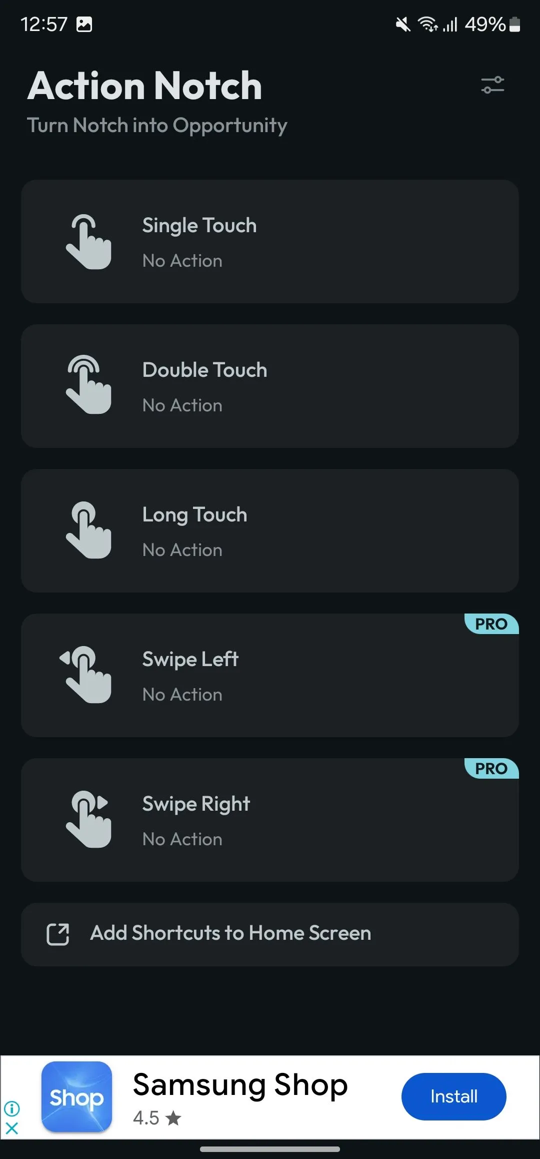 Các cử chỉ được hỗ trợ trong ứng dụng Action Notch, hiển thị tùy chọn &quot;Chạm một lần&quot;