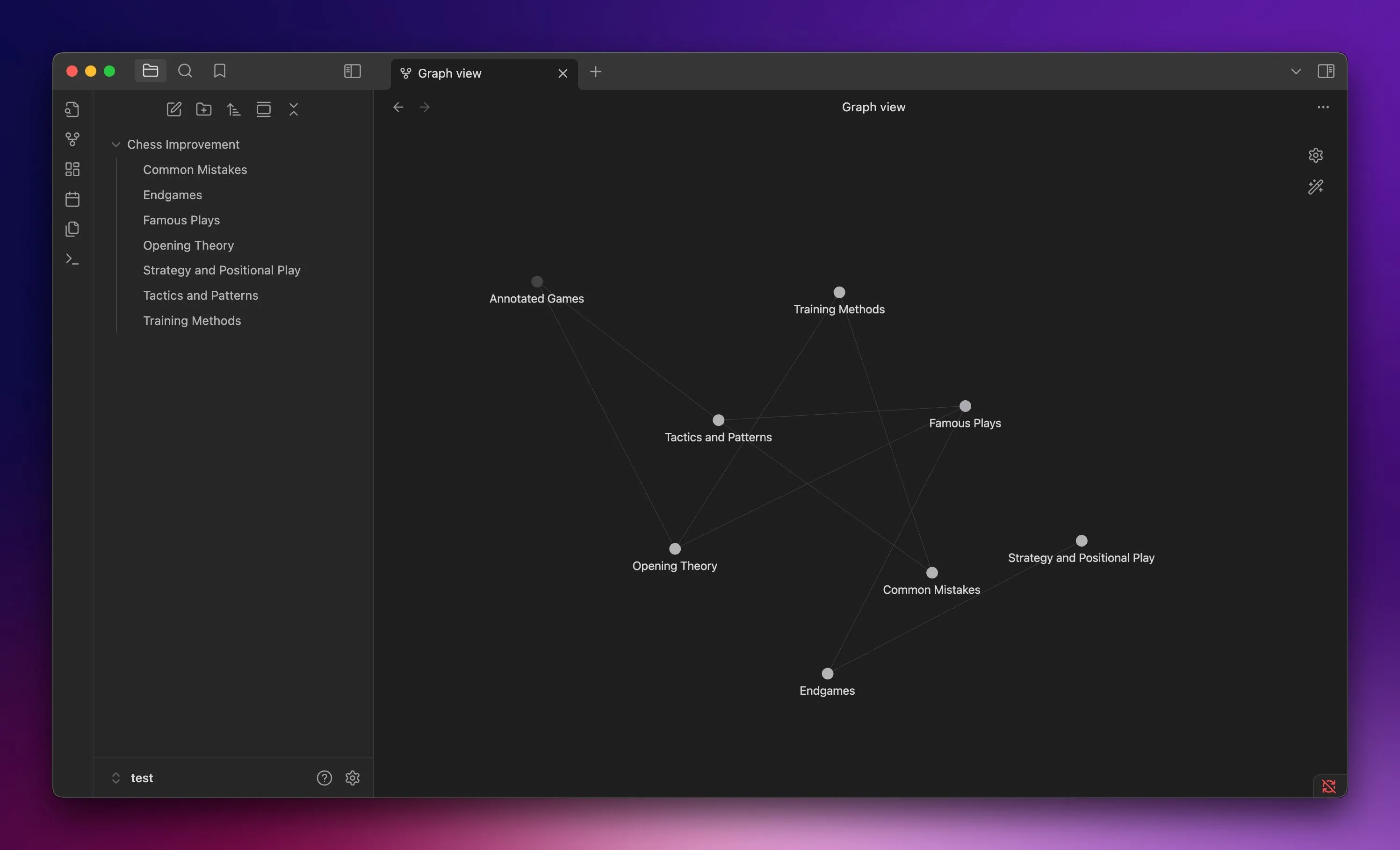 Chế độ xem đồ thị (Graph View) của một kho ghi chú trong Obsidian trên máy Mac, minh họa các liên kết trực quan giữa các ghi chú.
