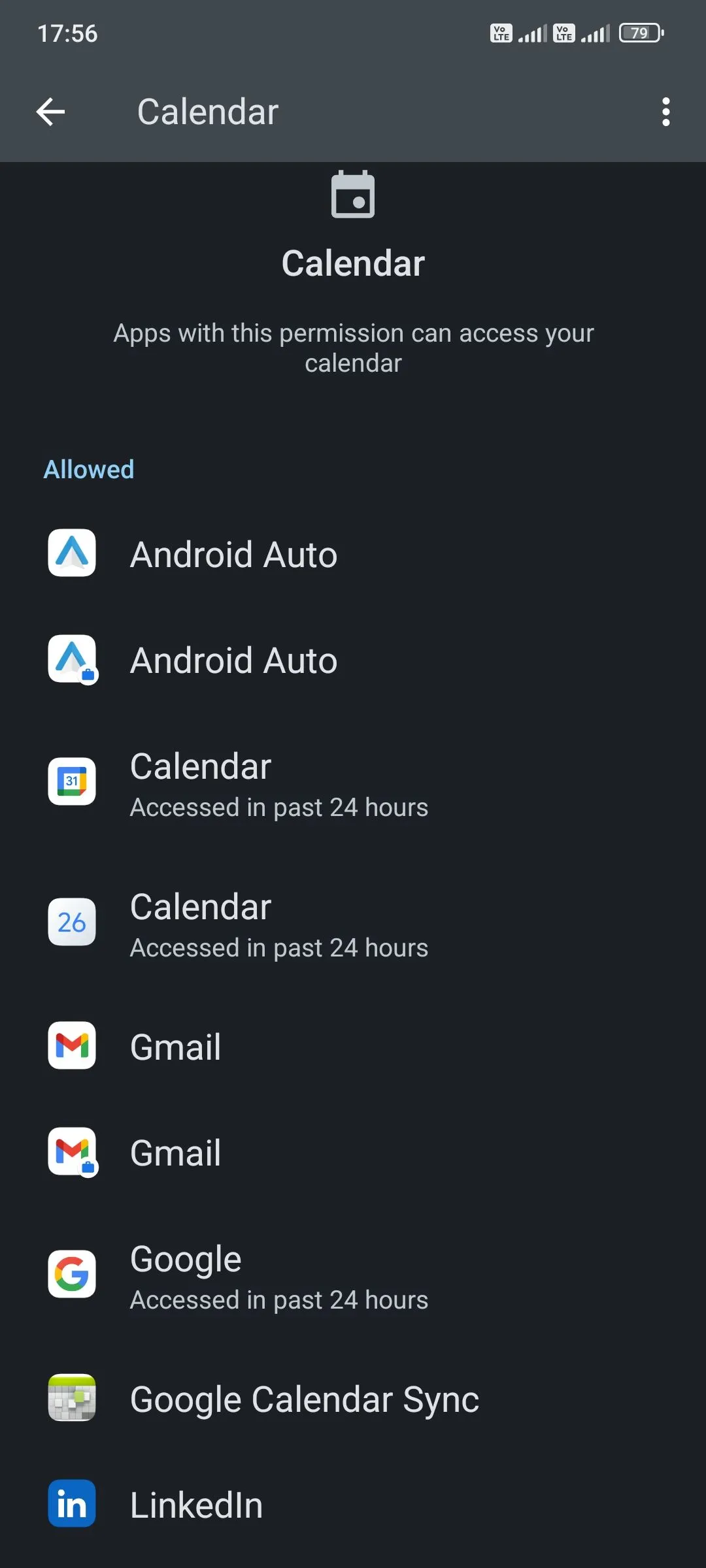 Danh sách các ứng dụng được cấp quyền truy cập lịch trên hệ điều hành Android