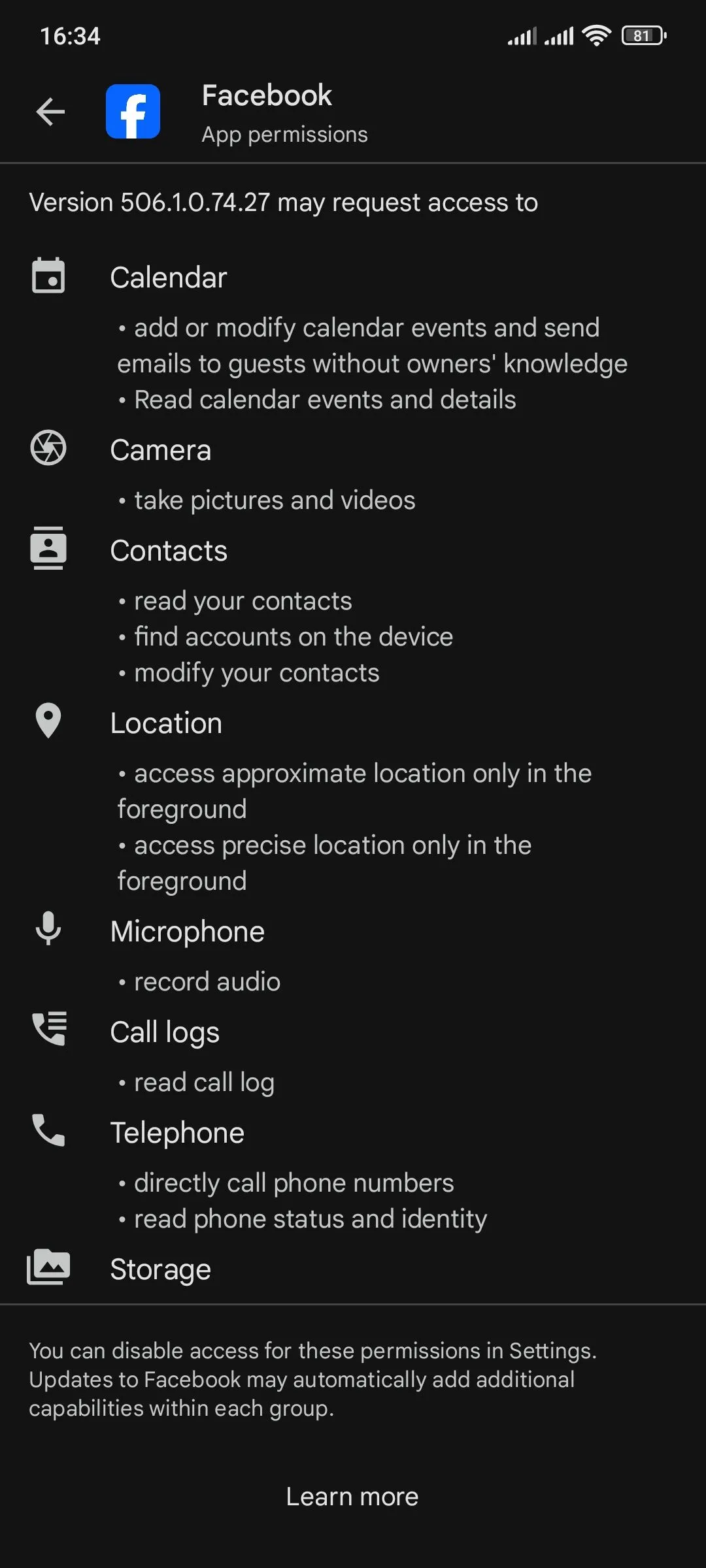Danh sách chi tiết các quyền truy cập mà ứng dụng Facebook yêu cầu trên Google Play Store