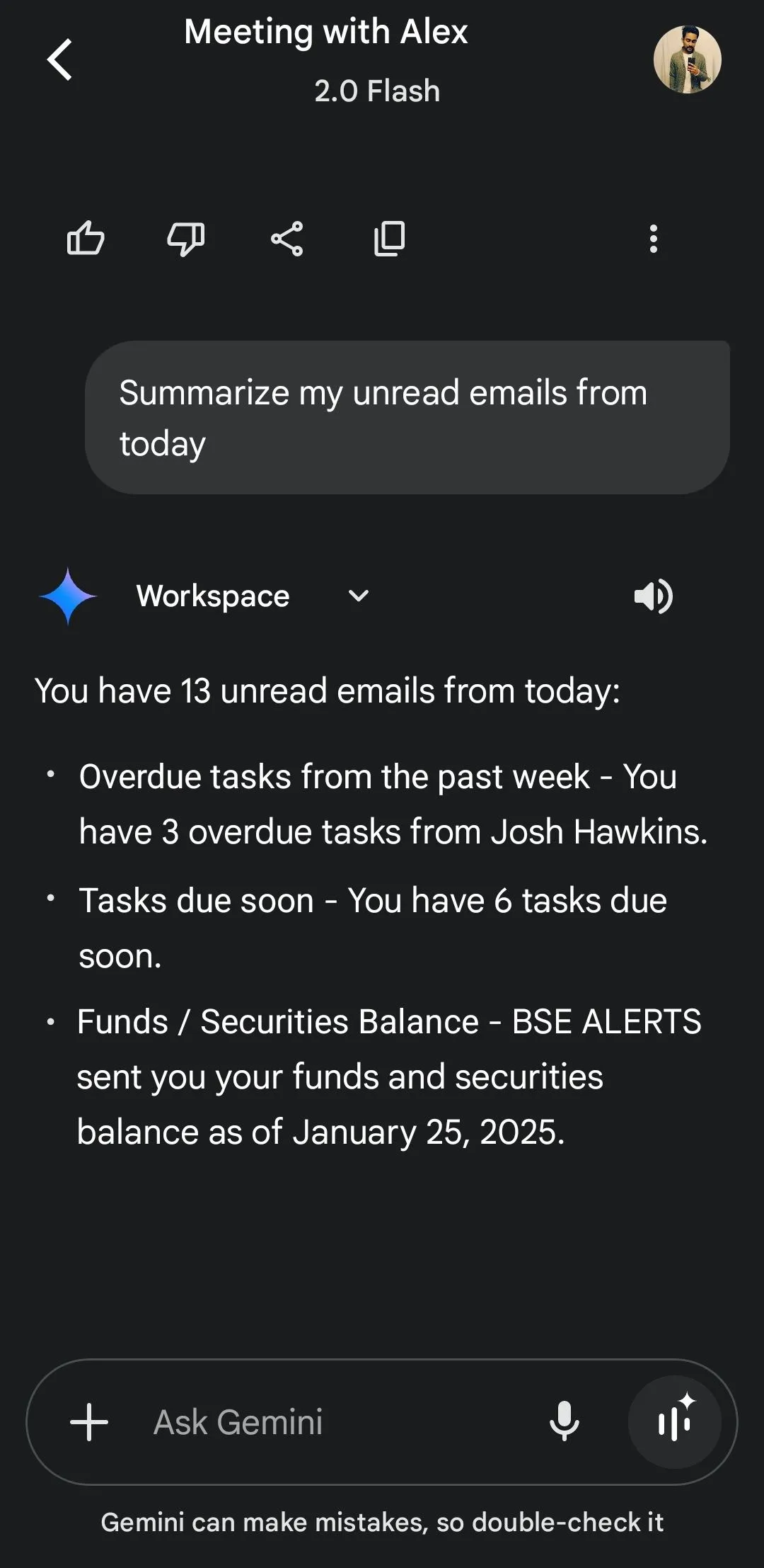 Gemini tóm tắt nhanh các email chưa đọc từ Gmail, thể hiện khả năng tích hợp sâu.