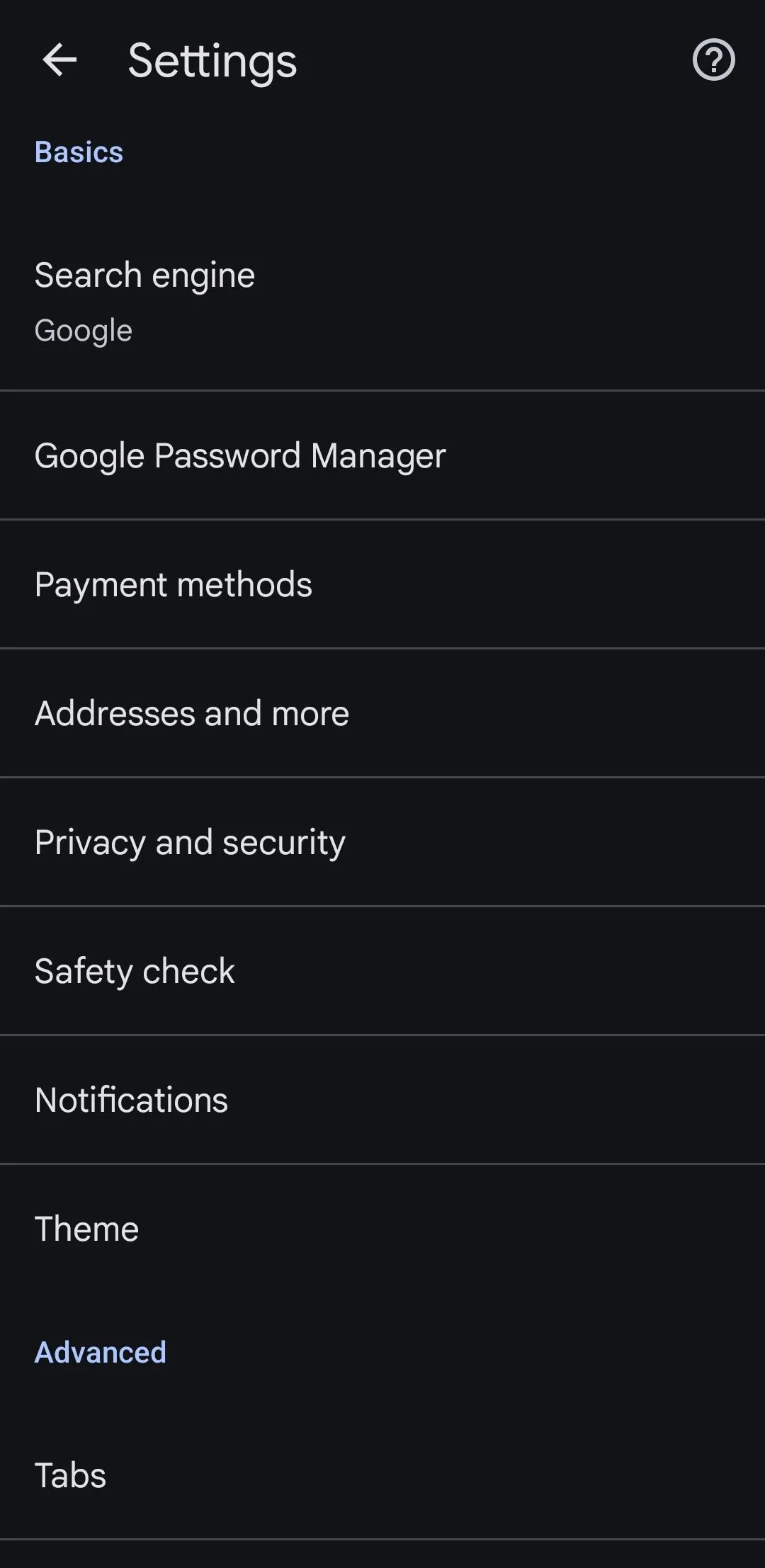 Giao diện cài đặt trình duyệt Google Chrome trên thiết bị Android.