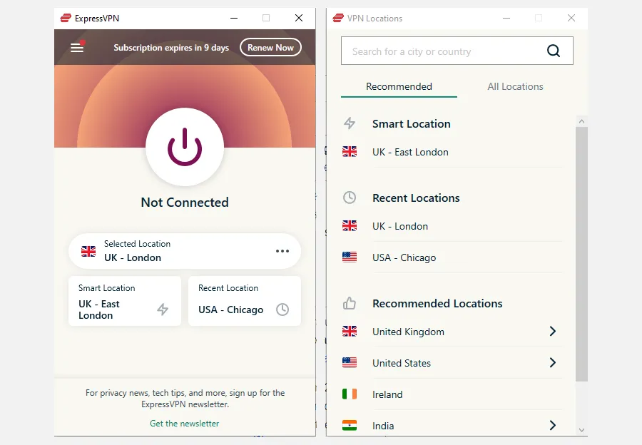 Giao diện chính và danh sách vị trí máy chủ của ứng dụng ExpressVPN, minh họa việc sử dụng VPN để bảo mật kết nối mạng