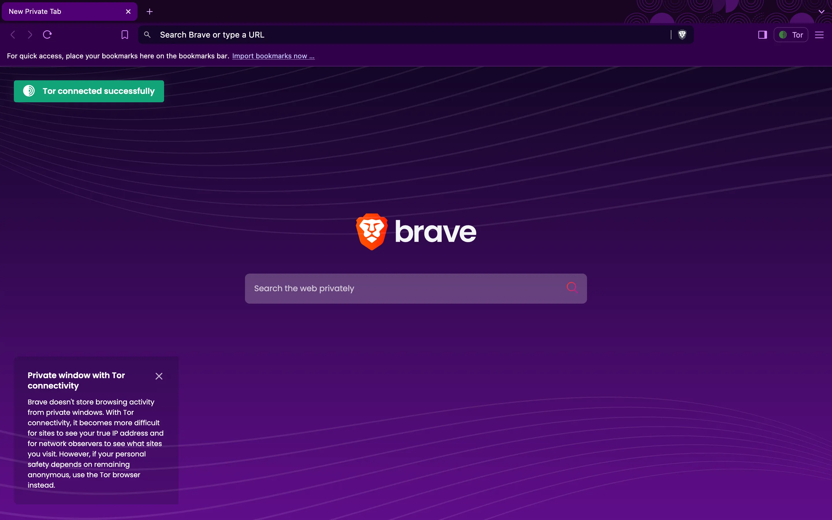 Giao diện cửa sổ riêng tư với Tor trên trình duyệt Brave, thể hiện tính năng bảo mật tích hợp đơn giản