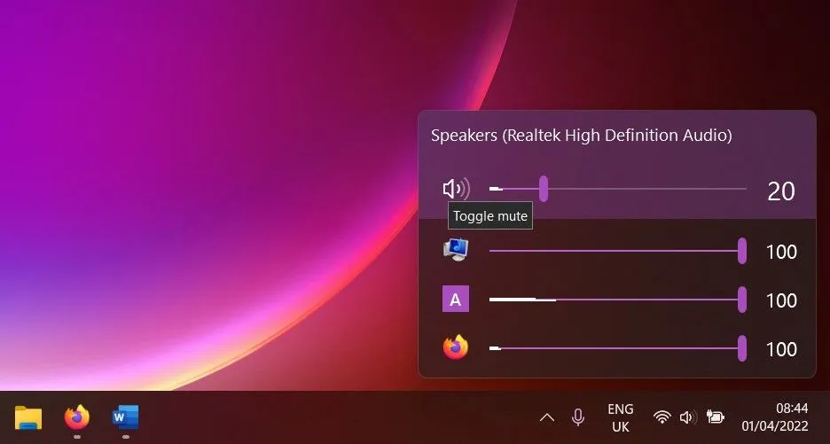 Giao diện flyout điều khiển âm lượng của ứng dụng EarTrumpet trên Windows 11
