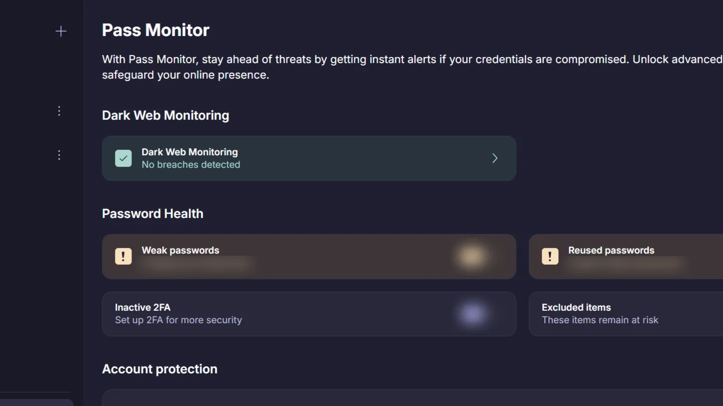 Giao diện giám sát Dark Web của Proton Pass cho thấy không có dữ liệu bị rò rỉ.