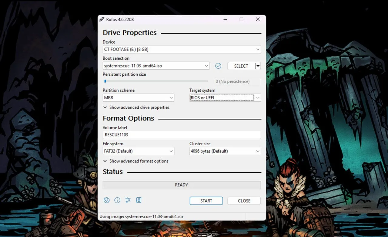 Giao diện Rufus với các cài đặt để tạo USB boot SystemRescue