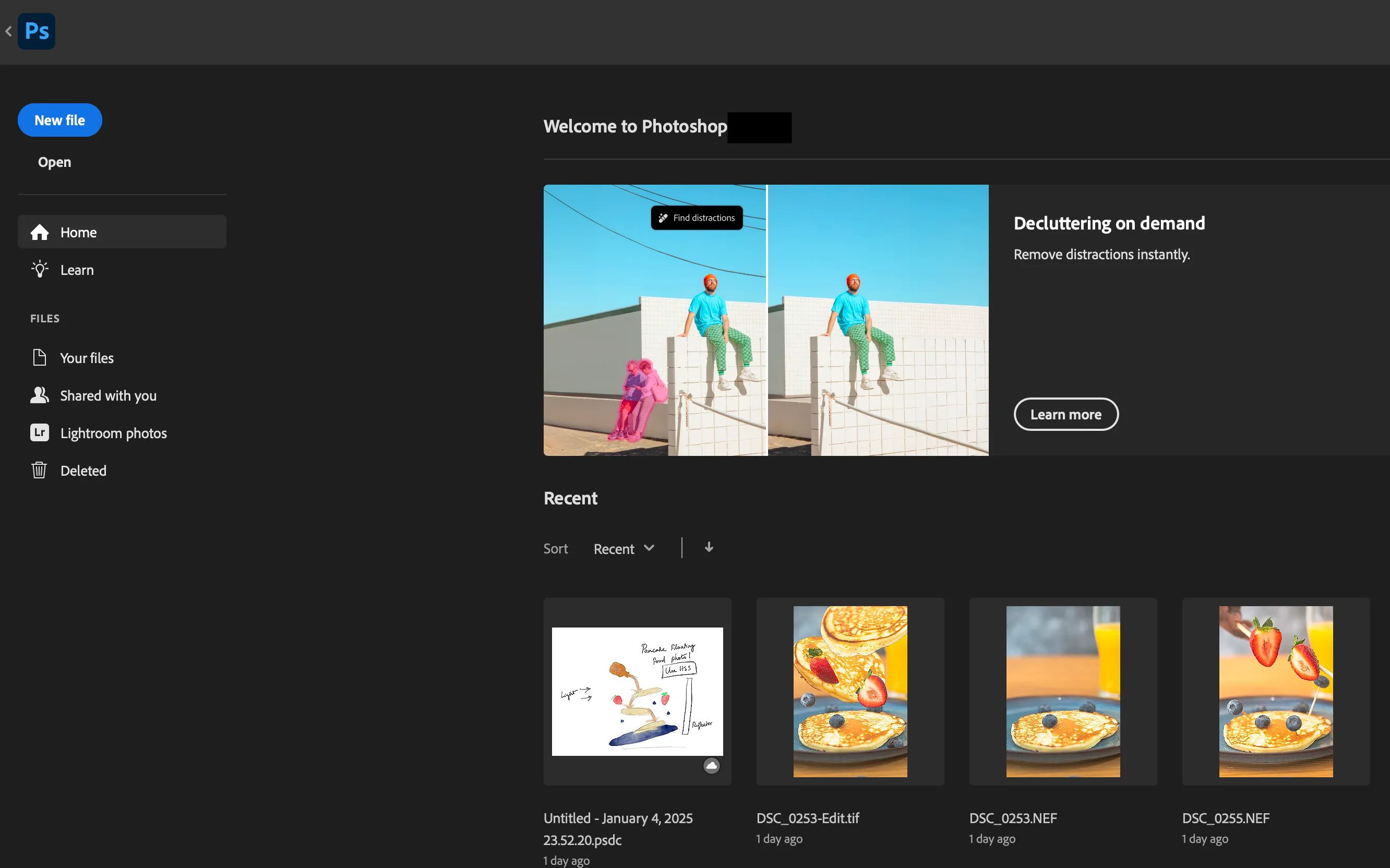 Giao diện trang chủ Adobe Photoshop hiển thị các tùy chọn chỉnh sửa ảnh và thiết kế đồ họa