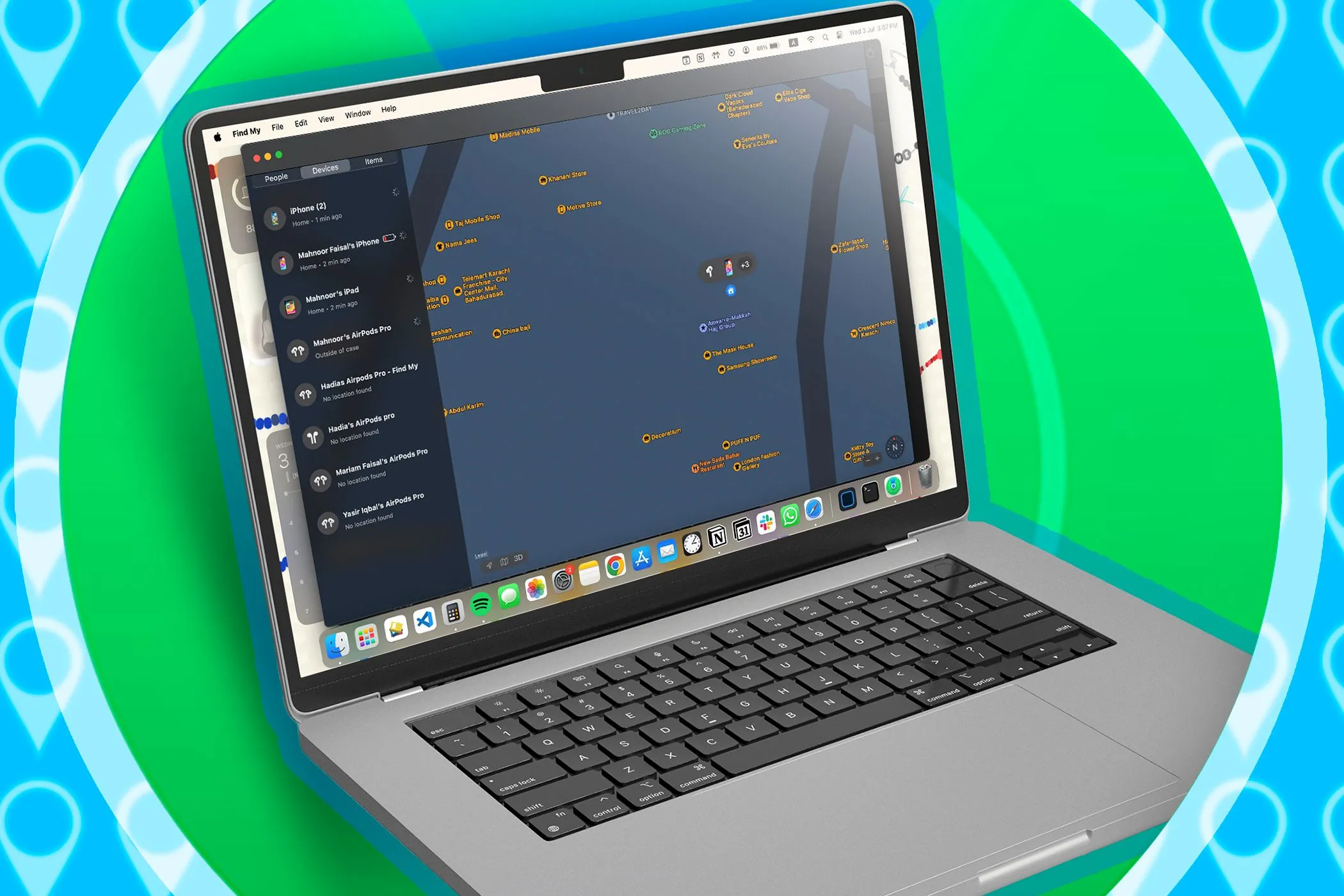 Giao diện ứng dụng Tìm (Find My) trên MacBook hiển thị vị trí thiết bị.