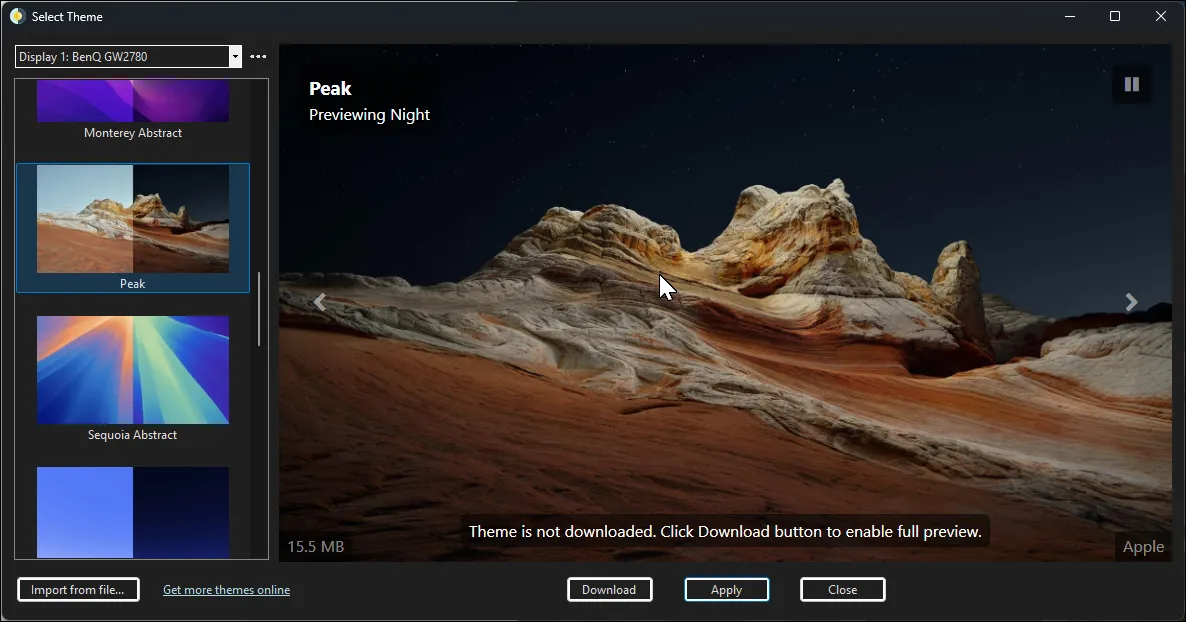 Giao diện ứng dụng WinDynamicDesktop với chủ đề Peak được chọn