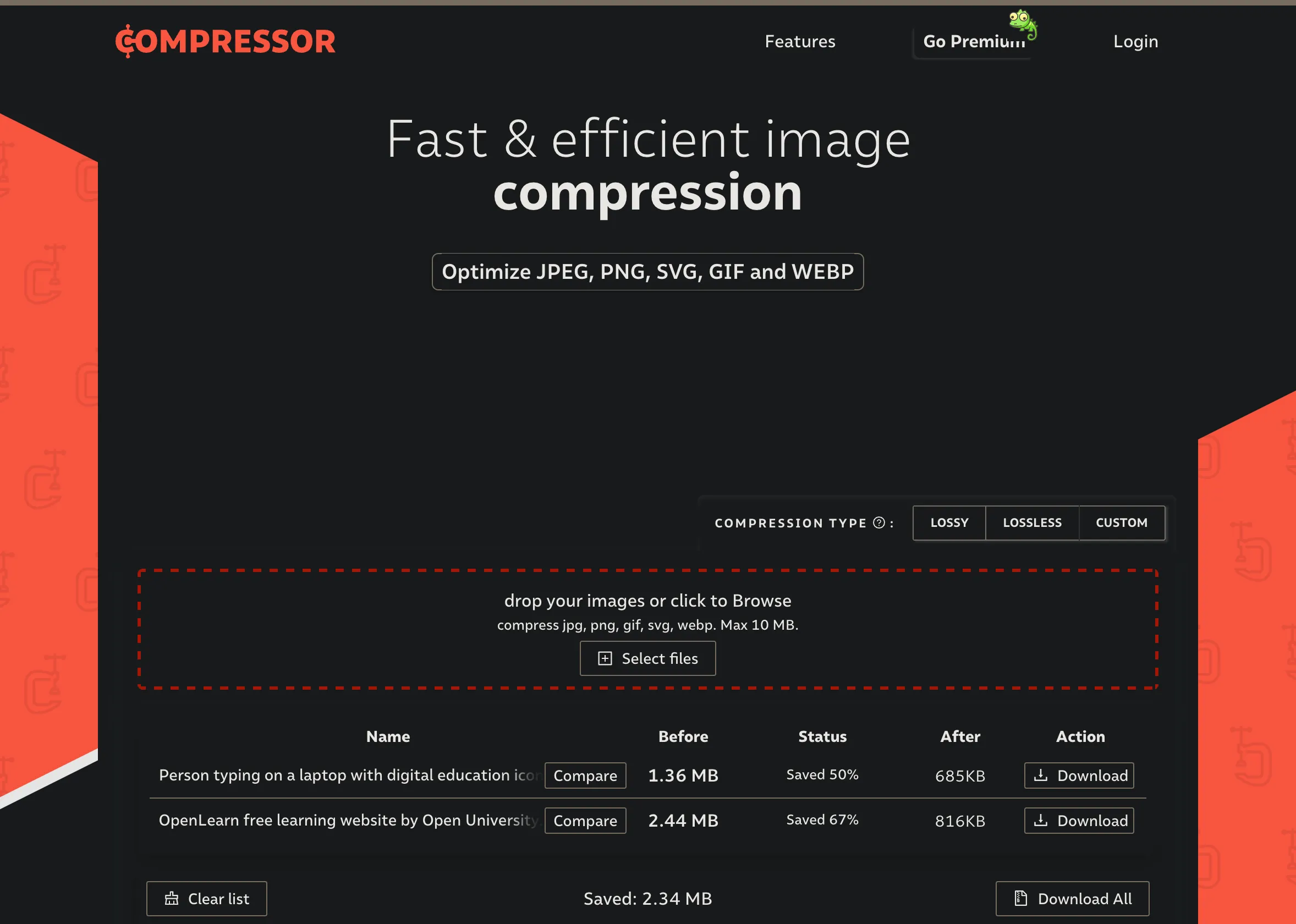 Giao diện website Compressor.io với tùy chọn nén ảnh mất dữ liệu hoặc không mất dữ liệu.