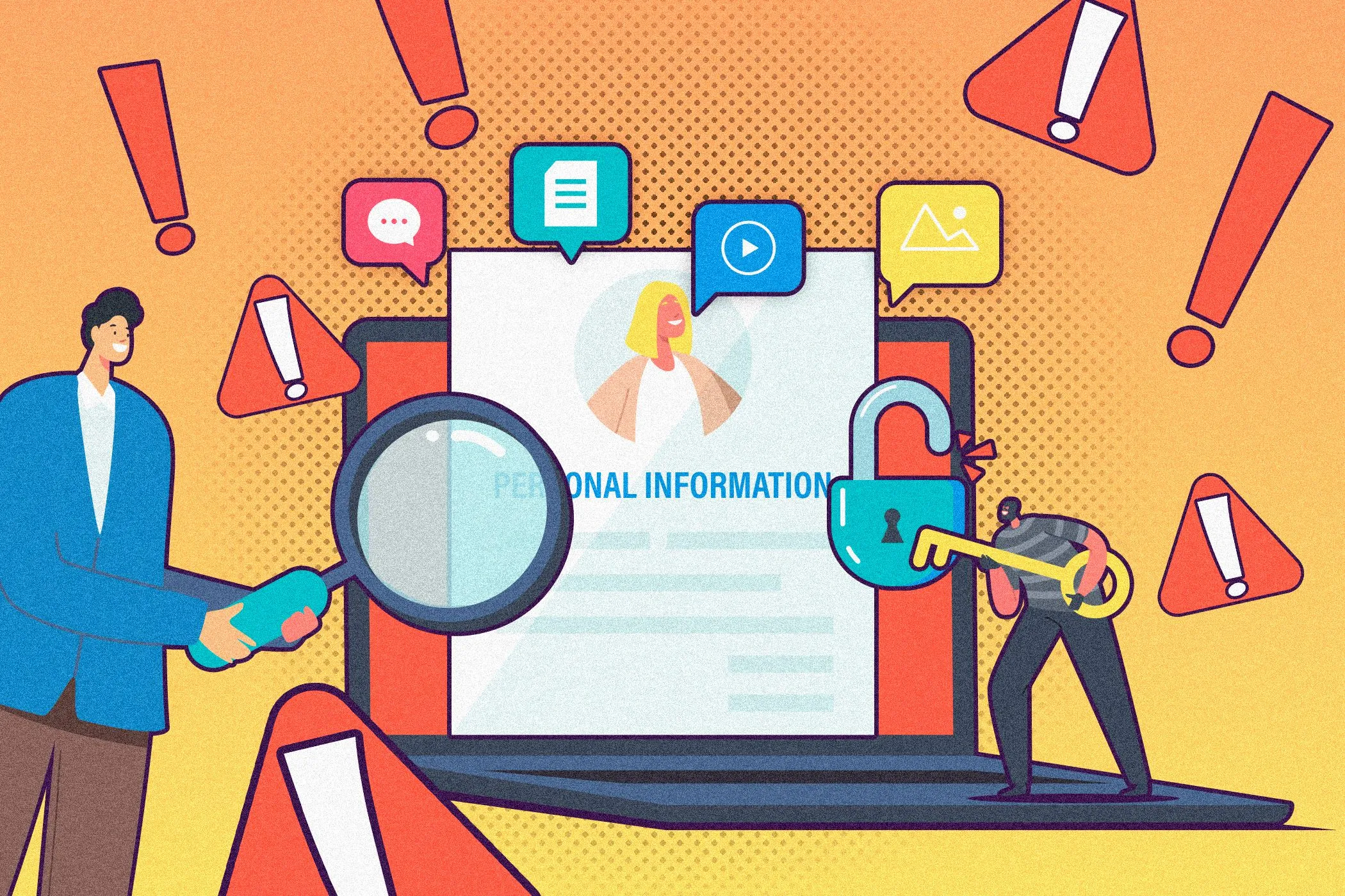Hình ảnh minh họa rò rỉ dữ liệu cá nhân trên Dark Web, một người đang kiểm tra thông tin và kẻ trộm cố gắng đánh cắp dữ liệu.
