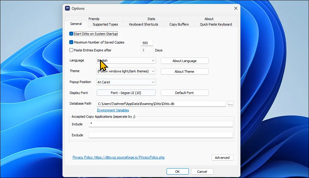 Hộp thoại tùy chọn của ứng dụng quản lý Clipboard Ditto trên Windows 11