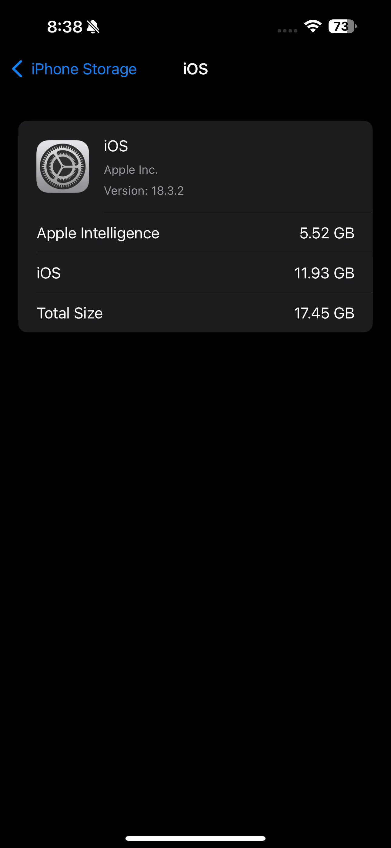 Màn hình hiển thị chi tiết dung lượng iOS trong cài đặt iPhone