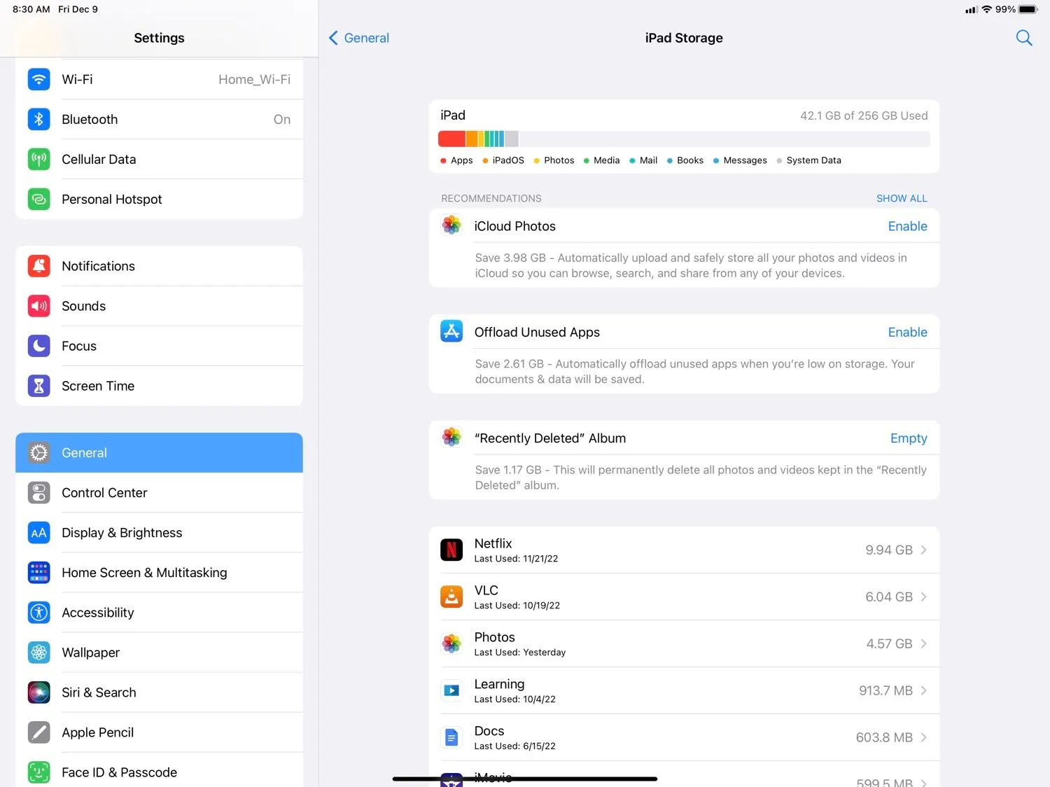 Màn hình quản lý bộ nhớ trên iPad hiển thị mức sử dụng dung lượng.