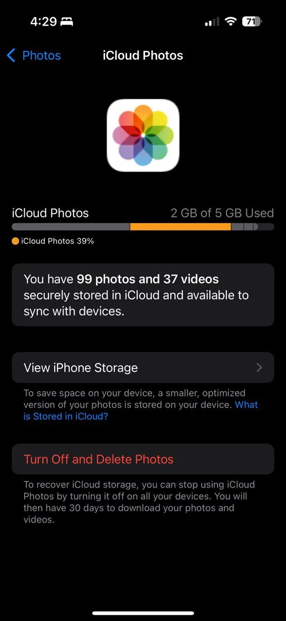 Màn hình quản lý dung lượng ảnh iCloud
