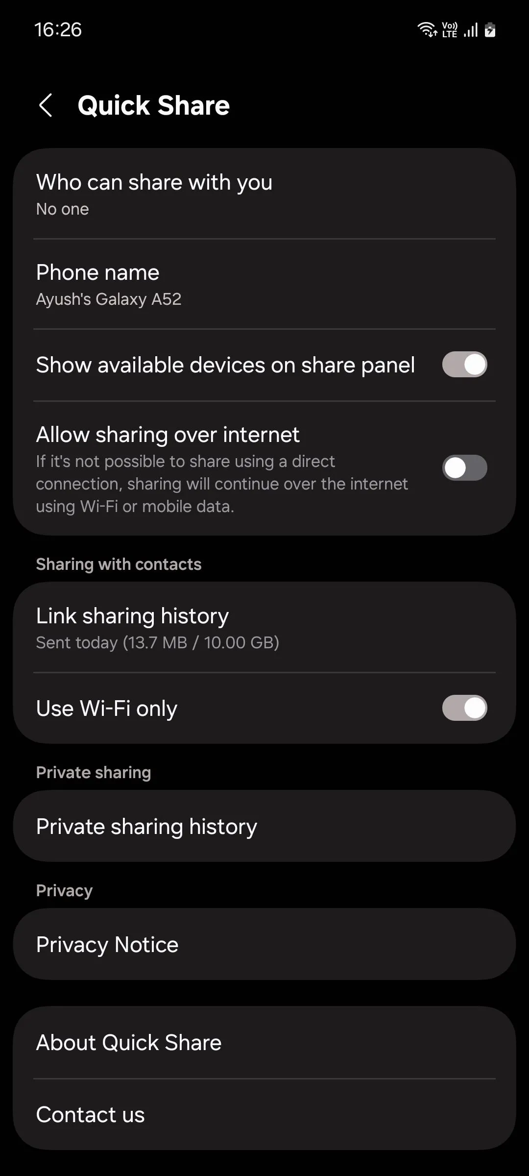 Menu Quick Share trong cài đặt Samsung One UI 6.1, cho phép quản lý lịch sử chia sẻ liên kết