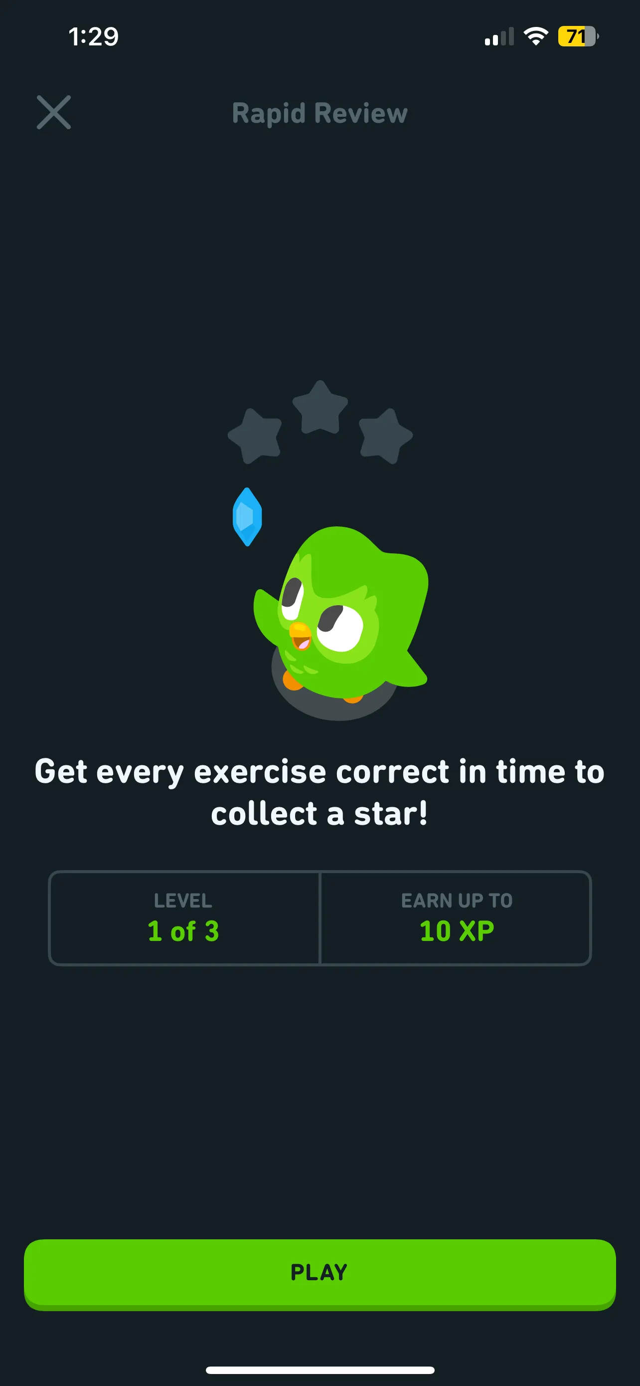 Phiên ôn tập nhanh Rapid Review của Duolingo, hiển thị tiến độ 1/3