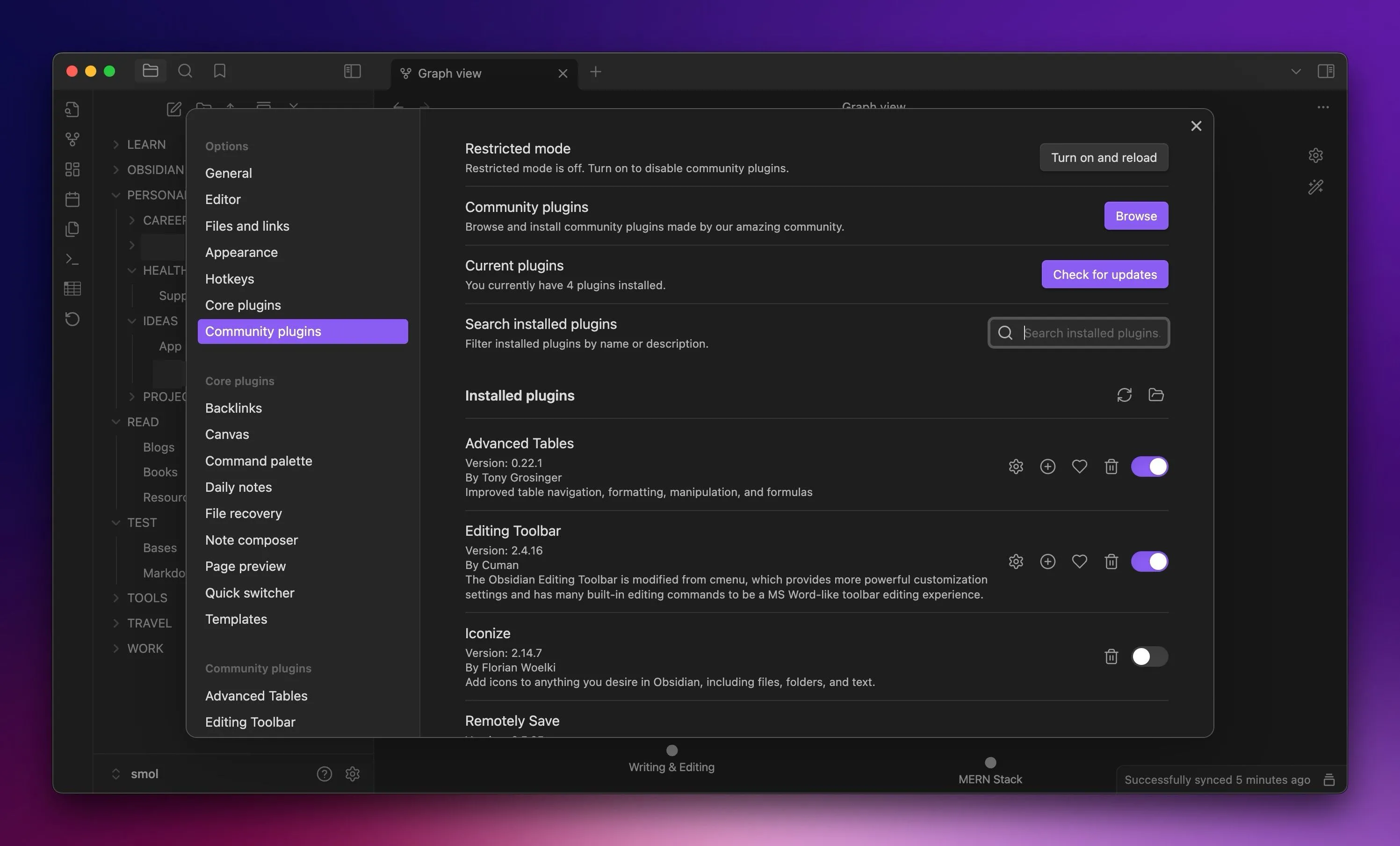 Tab Community Plugins trong Obsidian trên máy Mac, cho phép người dùng mở rộng chức năng thông qua các plugin cộng đồng.