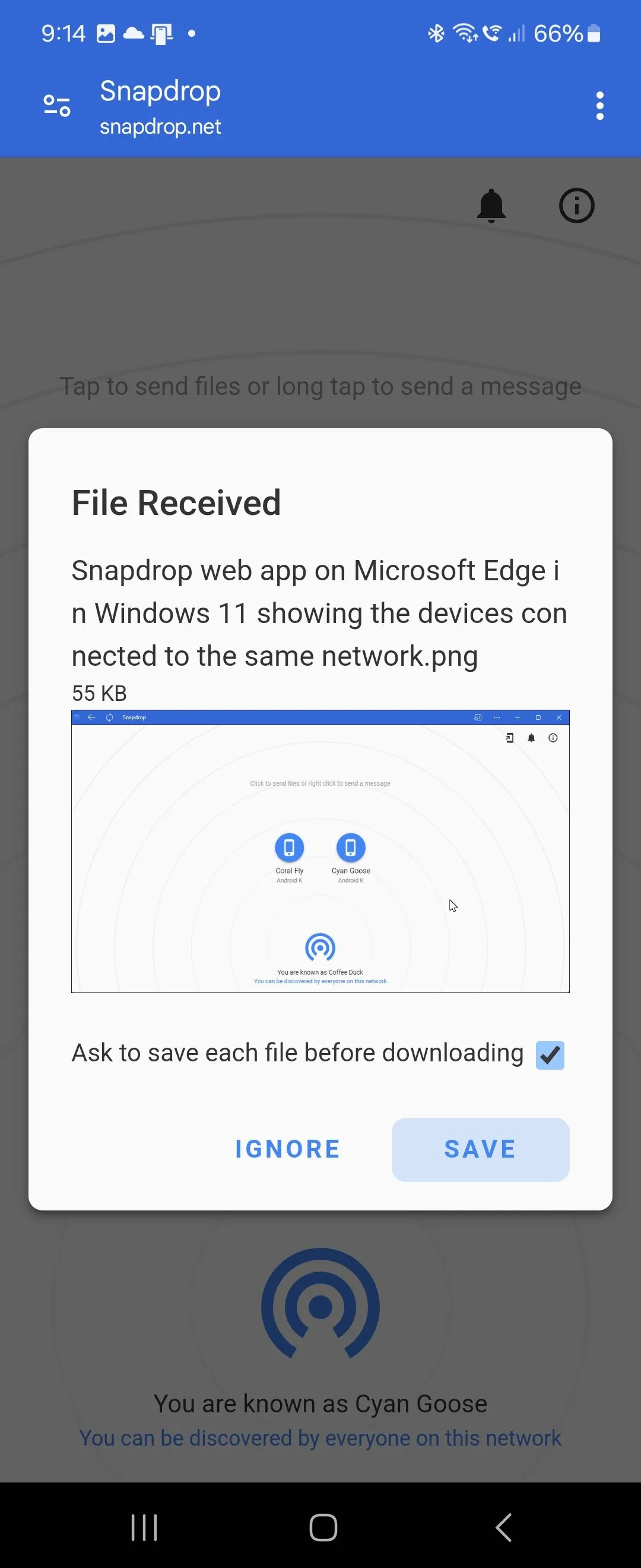 Thông báo file đã nhận trên điện thoại Android từ ứng dụng web Snapdrop