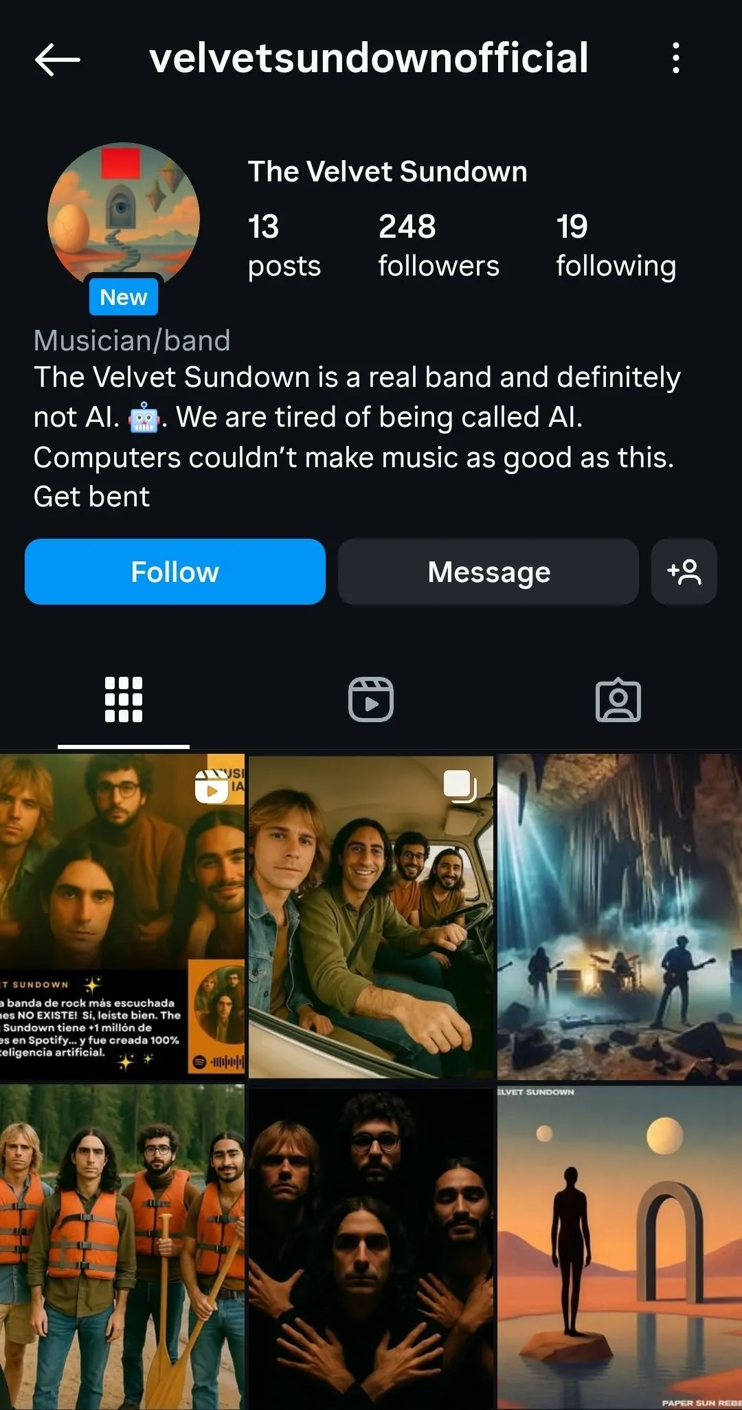 Trang Instagram của The Velvet Sundown, một dự án nhạc AI, với thông tin sơ sài và thiếu tương tác, minh họa dấu hiệu nhận biết nhạc AI.