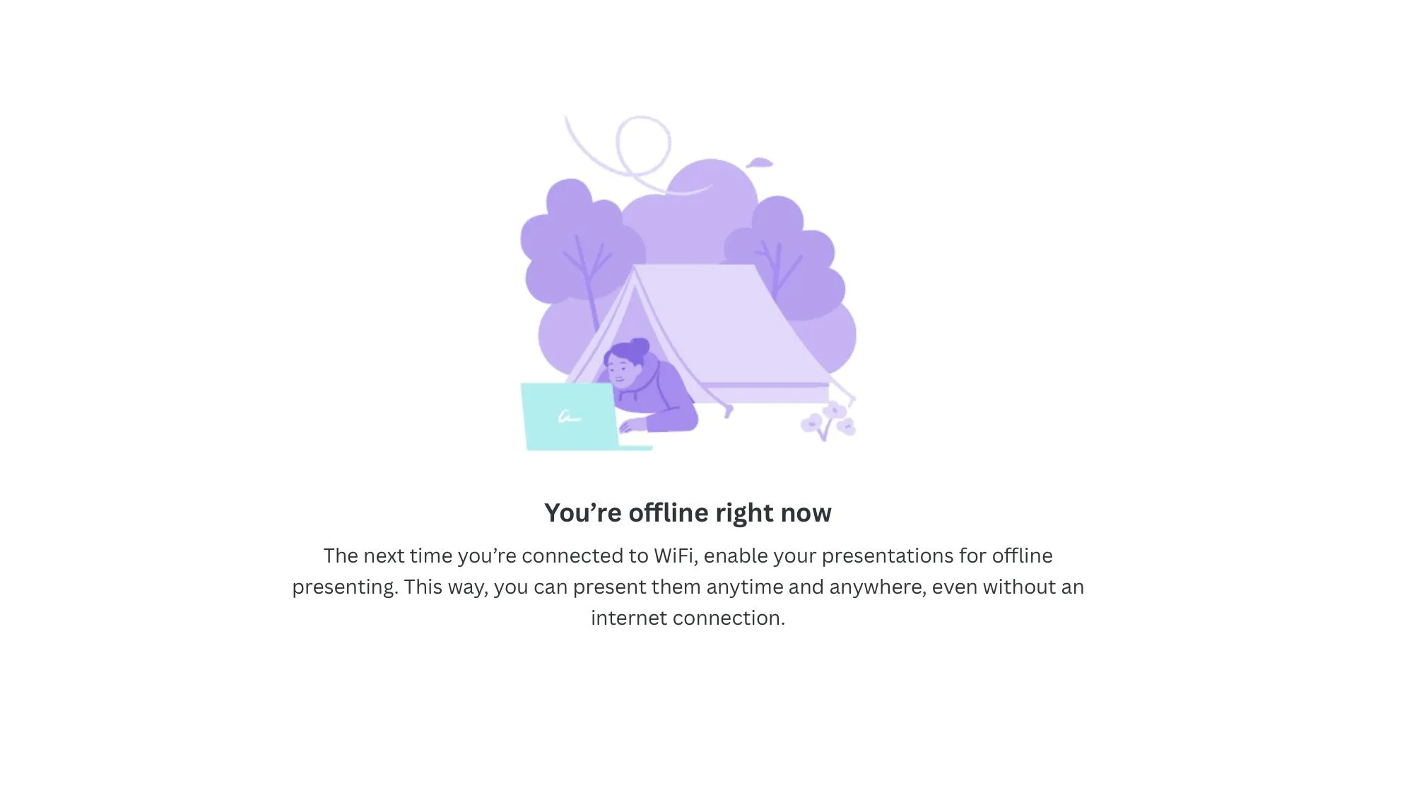 Trang thông báo khi Canva không có kết nối internet, minh họa việc không thể sử dụng ngoại tuyến