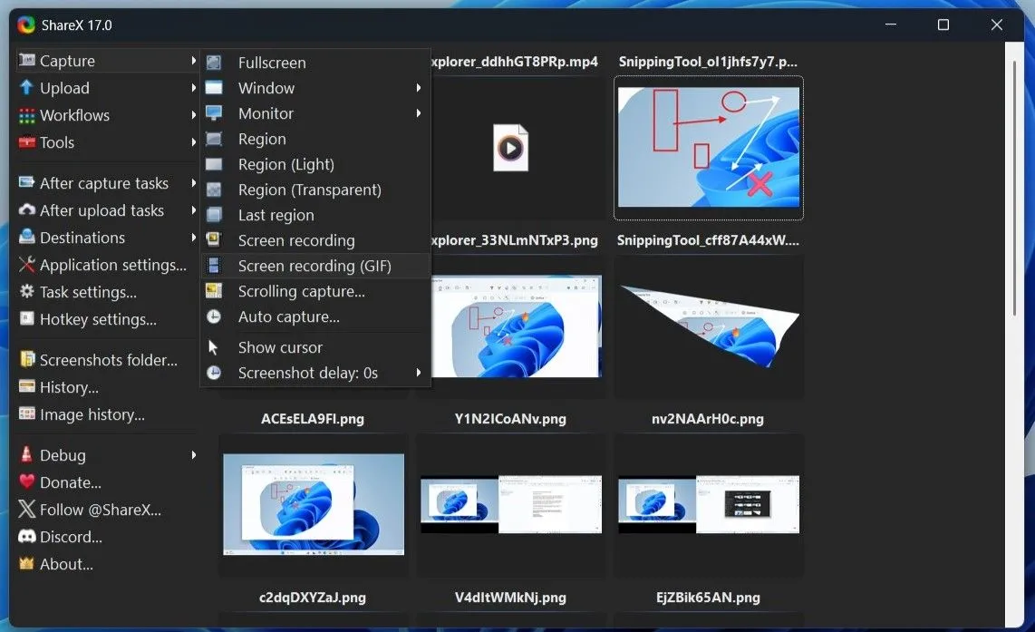 Ứng dụng ShareX hiển thị các tùy chọn chụp và ghi màn hình phong phú trên Windows