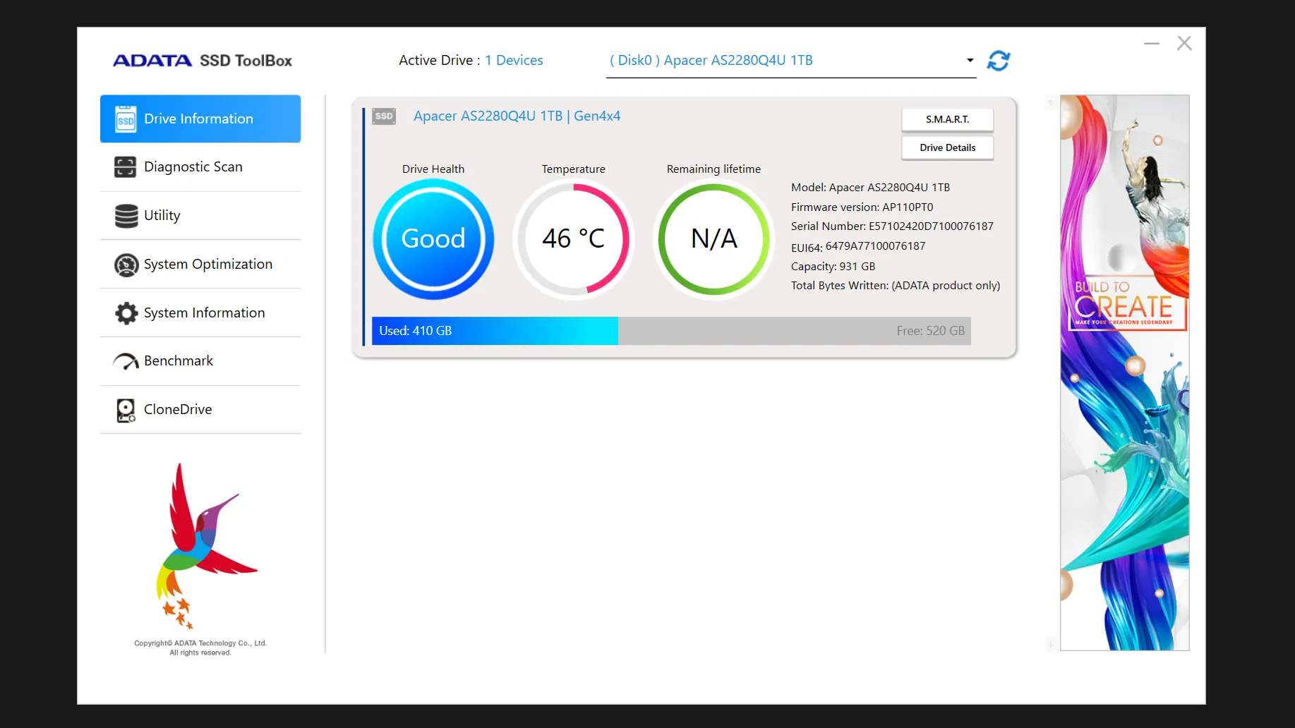 ADATA SSD Toolbox hiển thị sức khỏe SSD NVMe