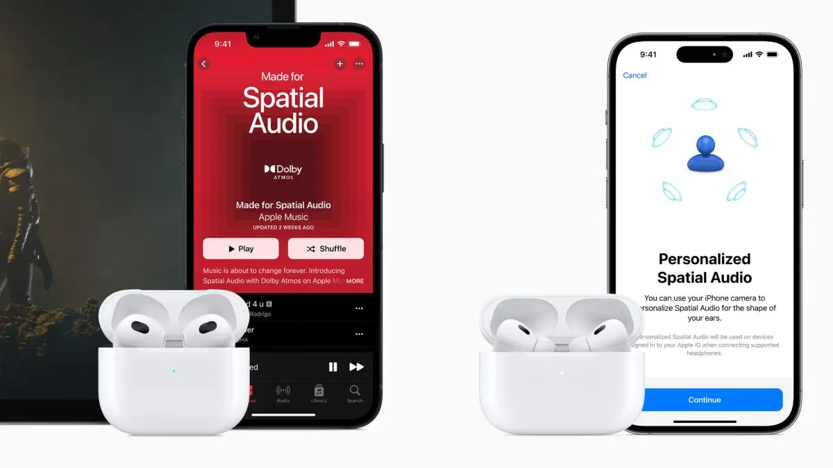 AirPods 3 và AirPods Pro 2 cùng iPhone 13/14 Pro minh họa trải nghiệm Âm Thanh Không Gian (Spatial Audio) của Apple Music.