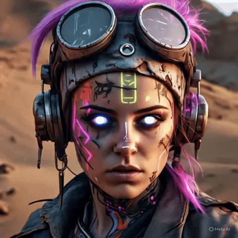 Ảnh GIF động phụ nữ cyberpunk với chuyển động pan camera chậm tạo hiệu ứng hùng vĩ