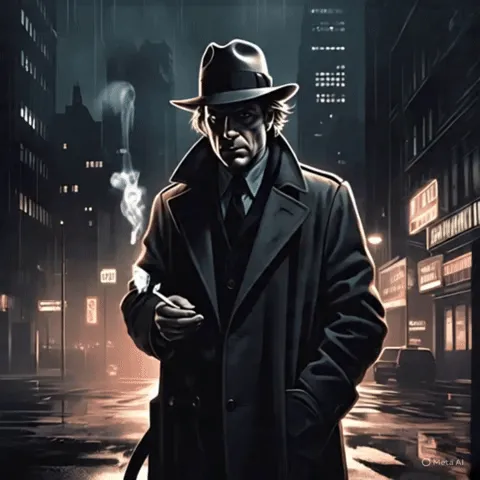 Ảnh GIF động thám tử noir với cử động đầu và khói thuốc uốn lượn do Meta AI tạo